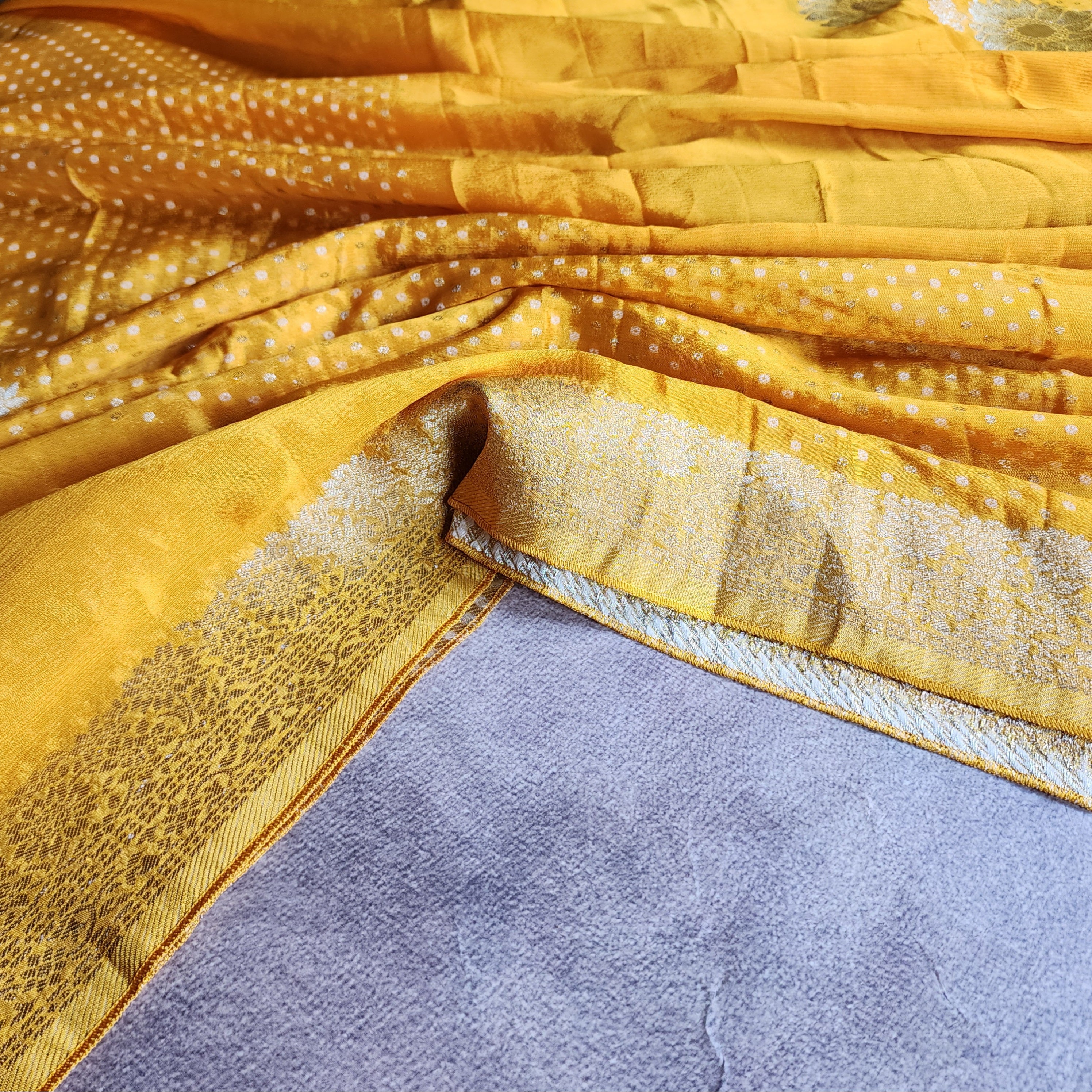 Marigold Mustard Yellow Crepe Silk Saree