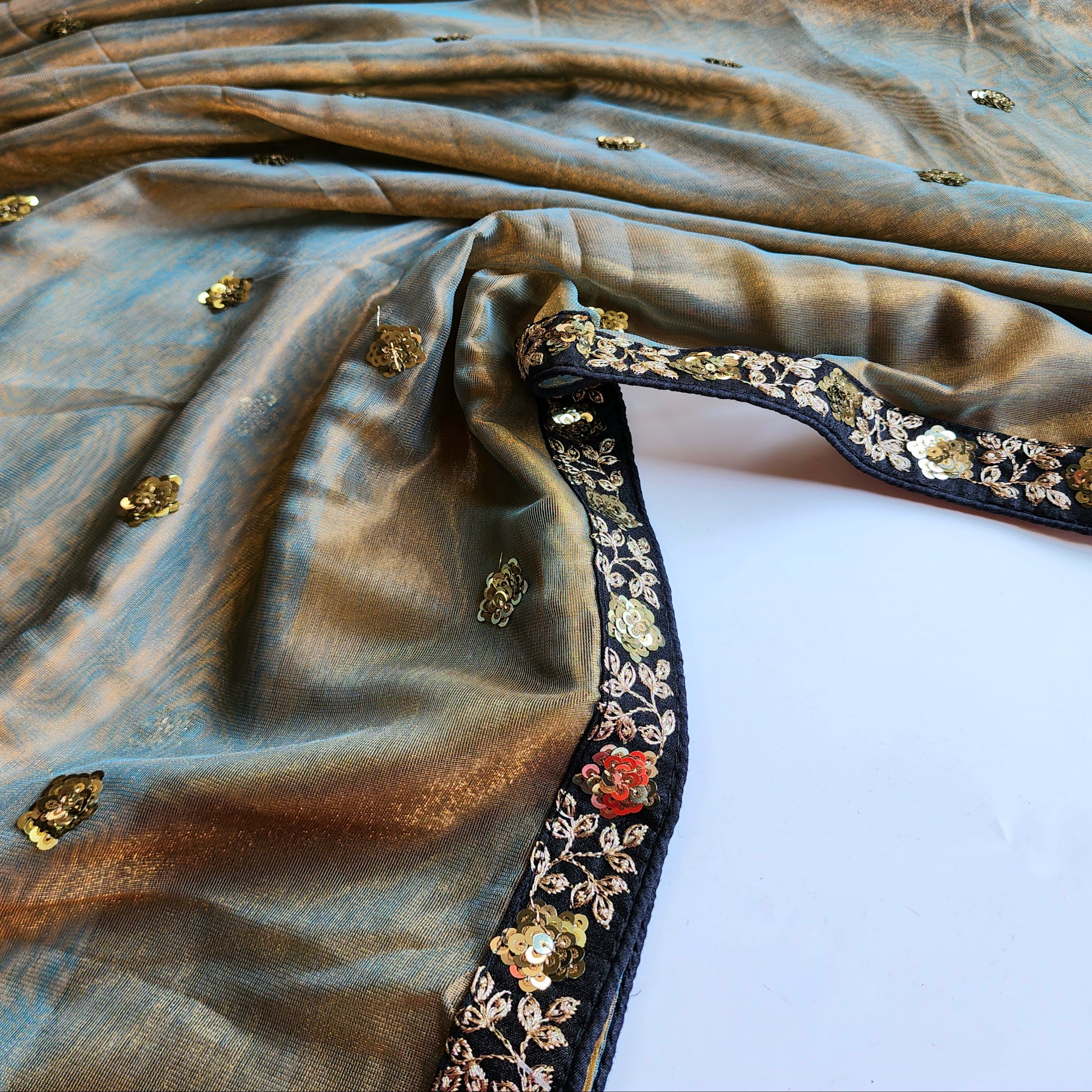 Olive Green Designer Net Saree with Heavy Embroidery Border