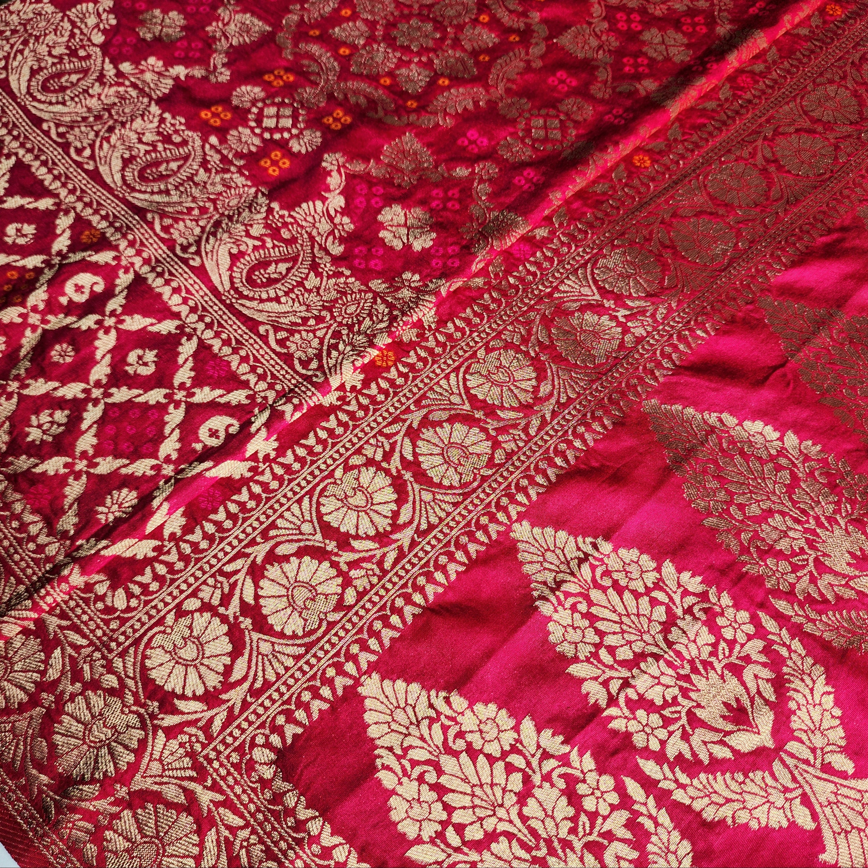 Wine Magenta Bandhani Dupatta with Floral and Geometric Zari Weave