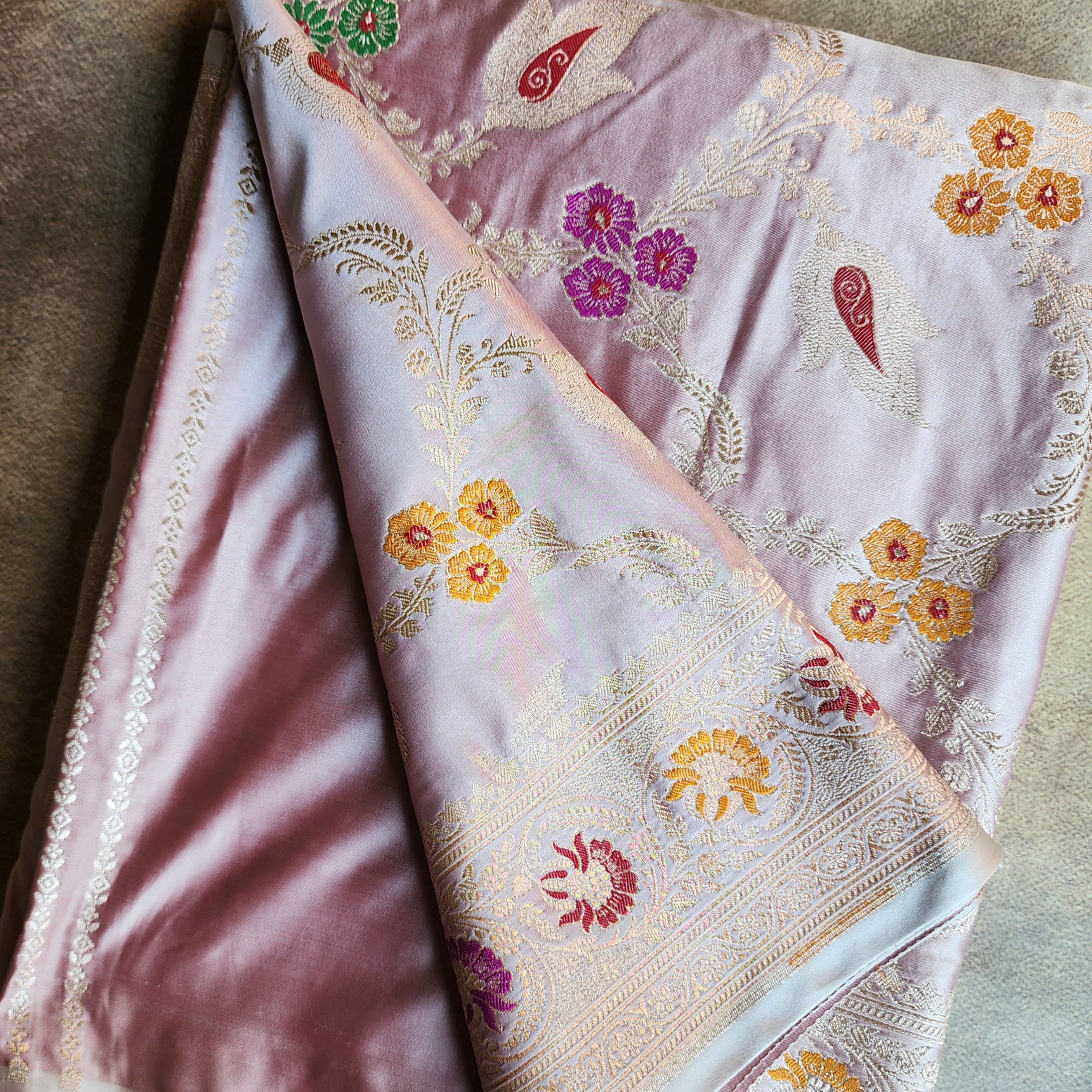 Enriched Lavender Pink Banarasi Katan Silk Saree with Multicolor Meenakari Floral Jaal