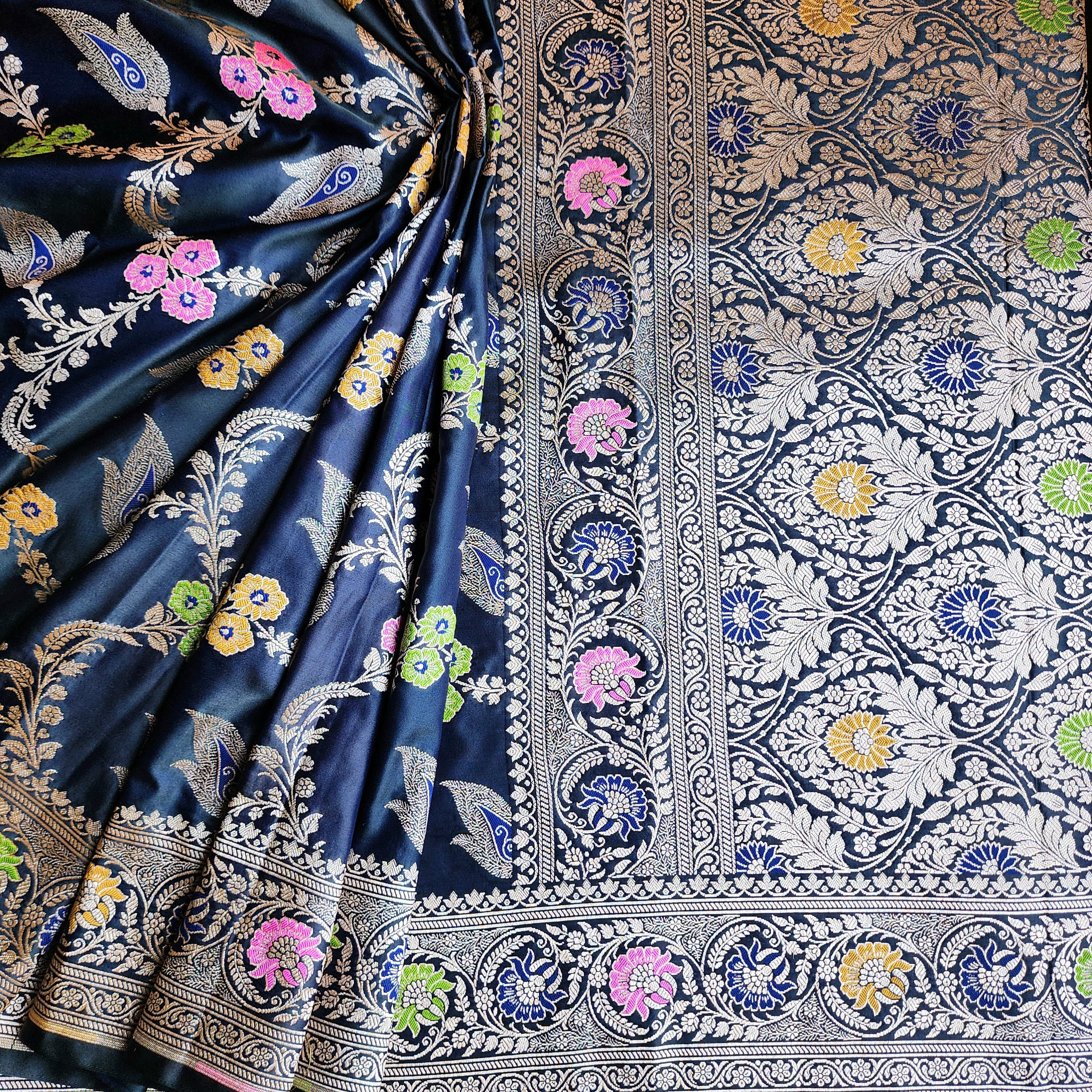 Enriched Midnight Blue Banarasi Katan Silk Saree with Multicolor Meenakari Floral Jaal