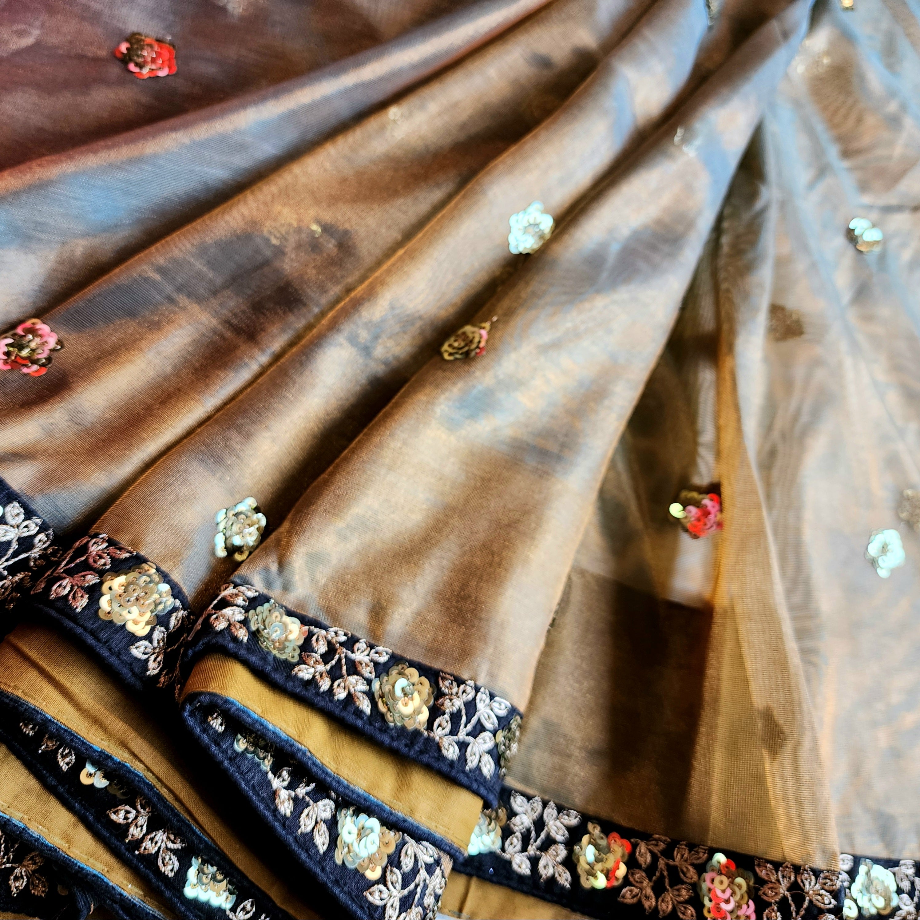 Olive Green Designer Net Saree with Heavy Embroidery Border