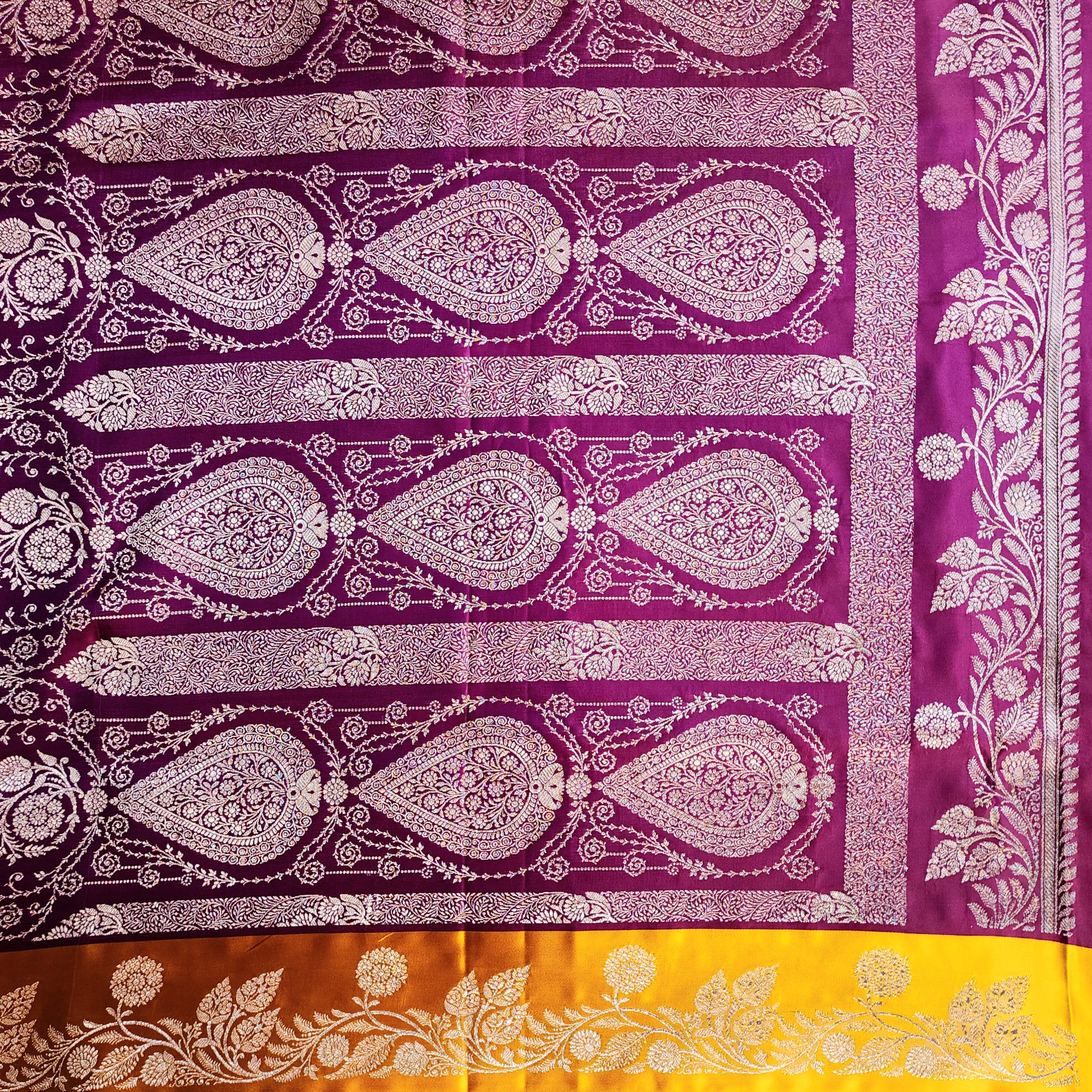 Wine Maroon Pure Banarasi Katan Silk Saree with Mustard Yellow Border