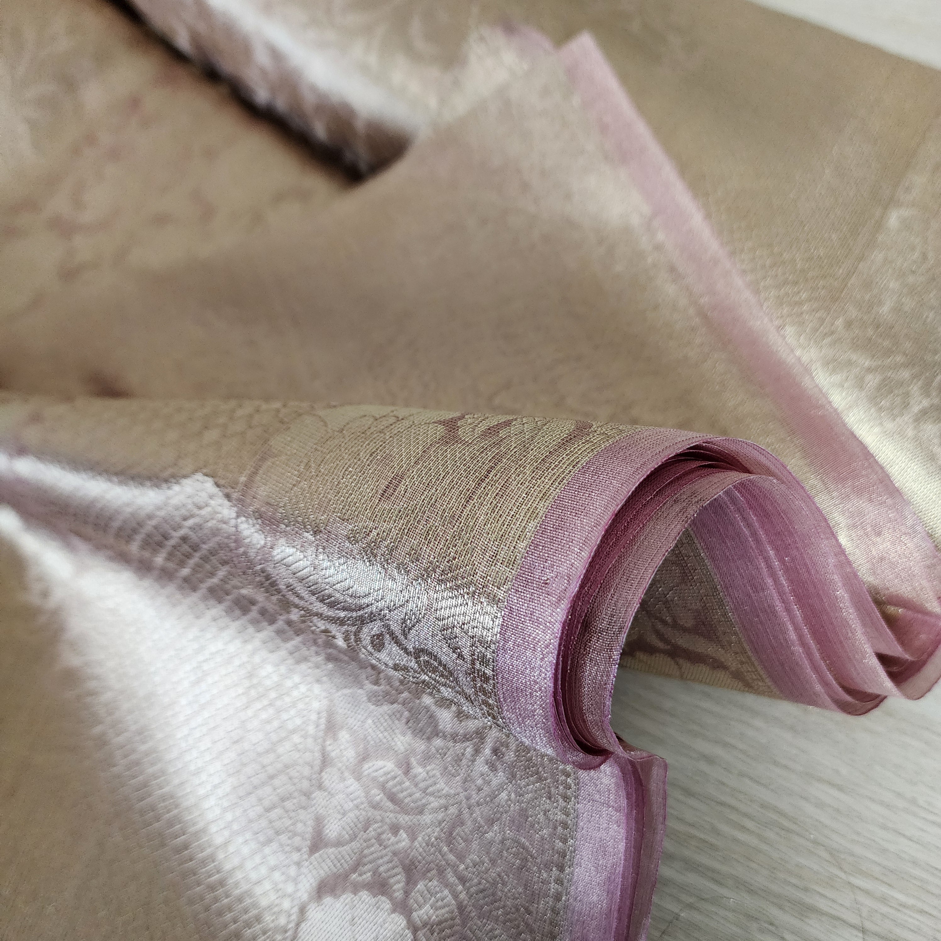 Temple Gold Kanjivaram Style Tissue Silk with Blush Pink Border