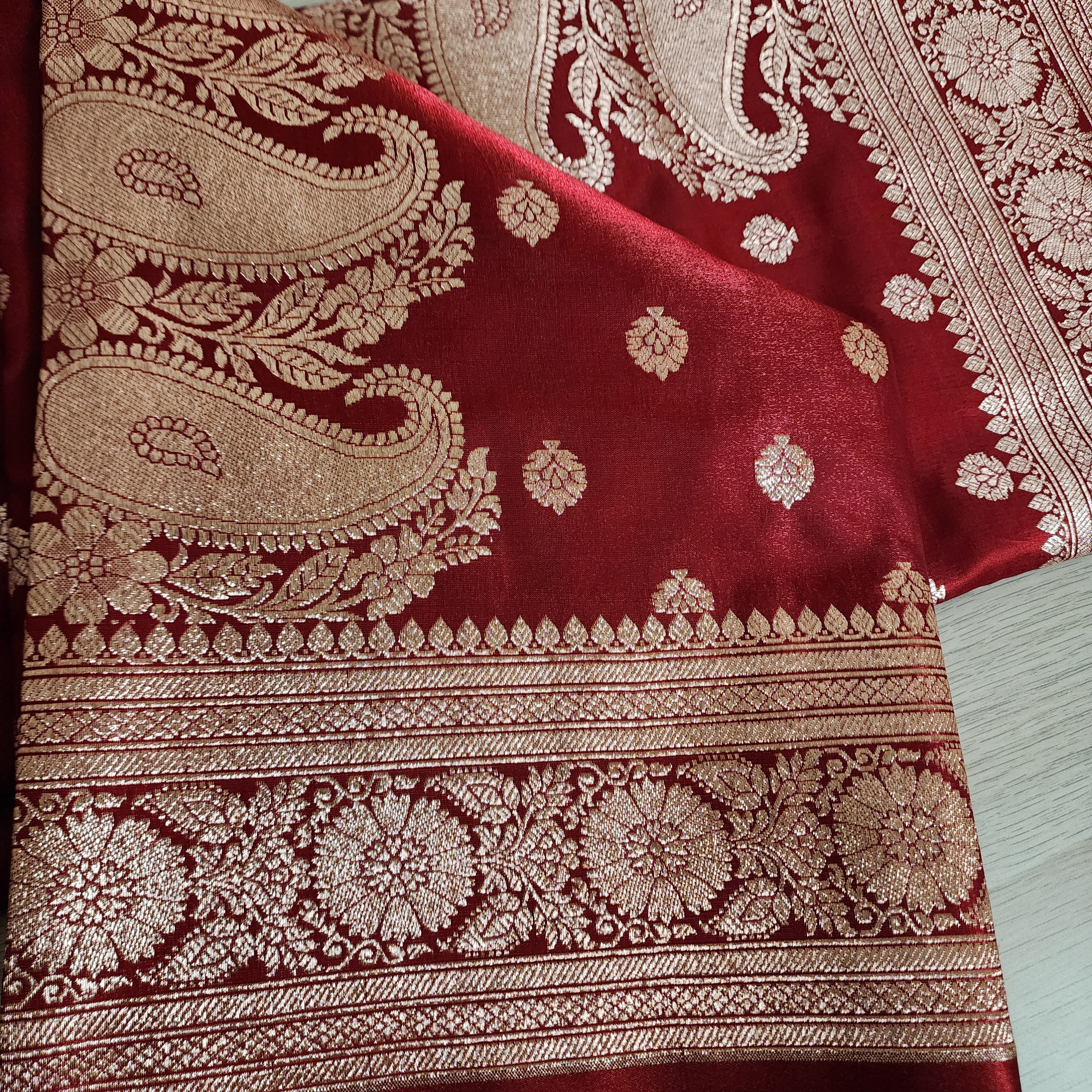 Royal Maroon Red Banarasi Silk Saree with Golden Zari Weave