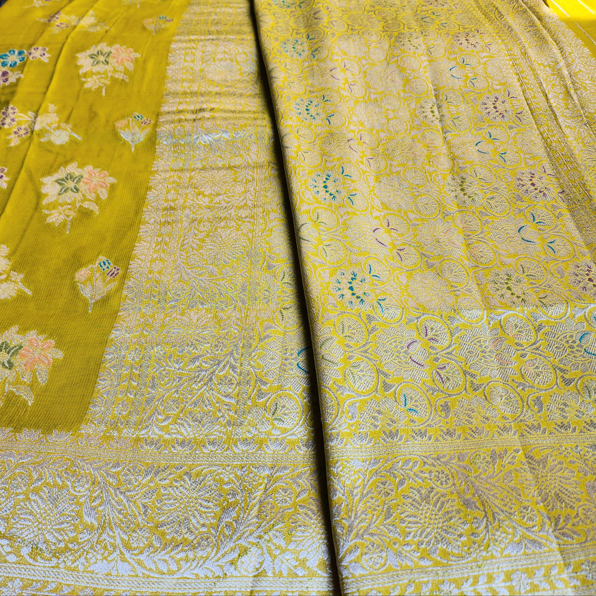 Yellowish Green Muslin Silk Saree with Floral Weave
