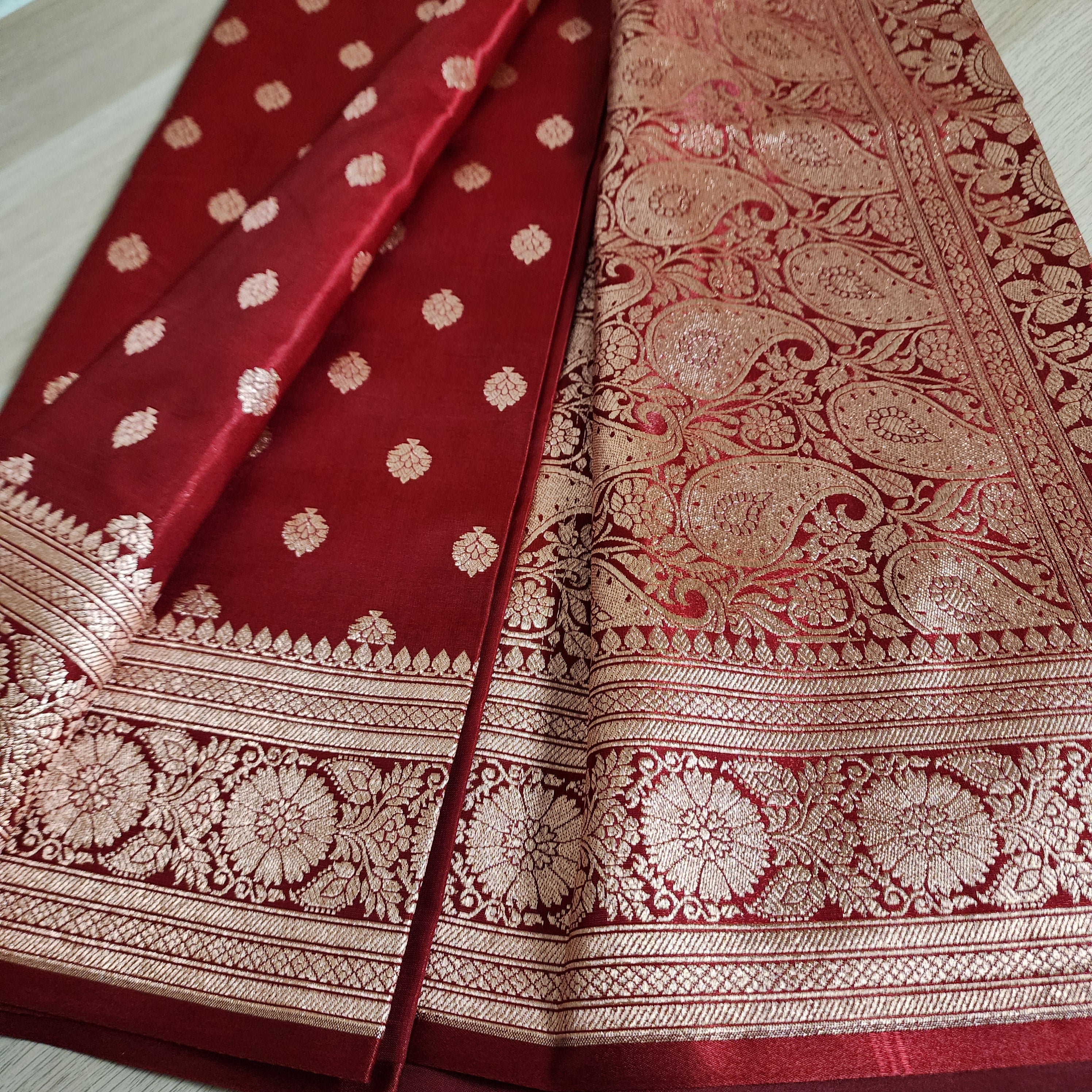 Royal Maroon Red Banarasi Silk Saree with Golden Zari Weave