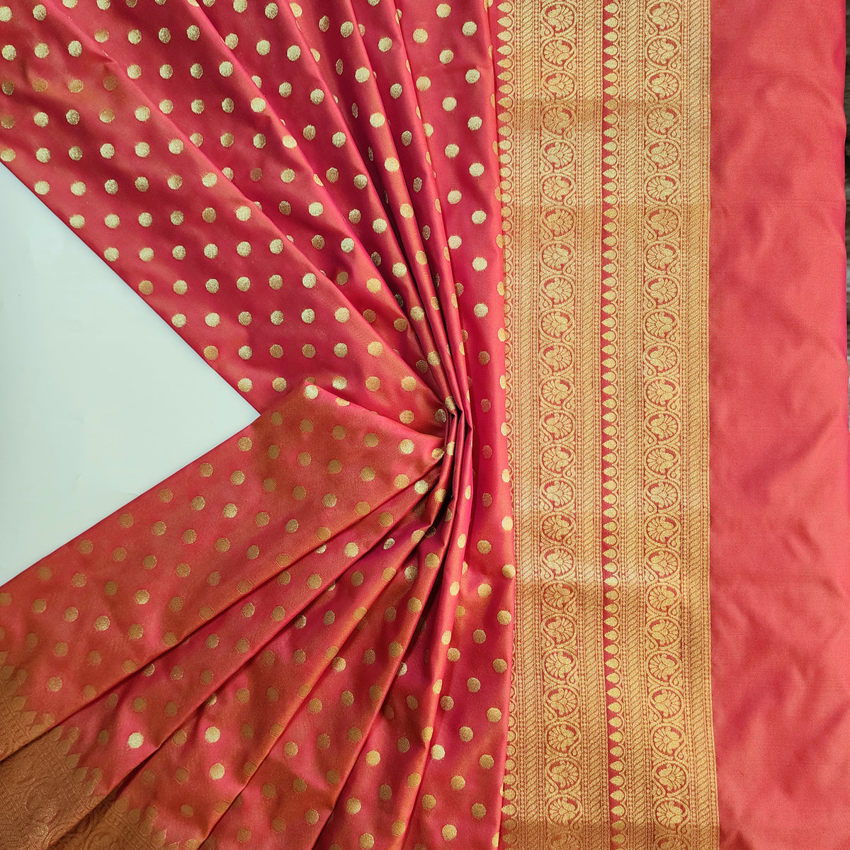 Coral Red Banarasi Silk Dupatta with Gold Polka Dot