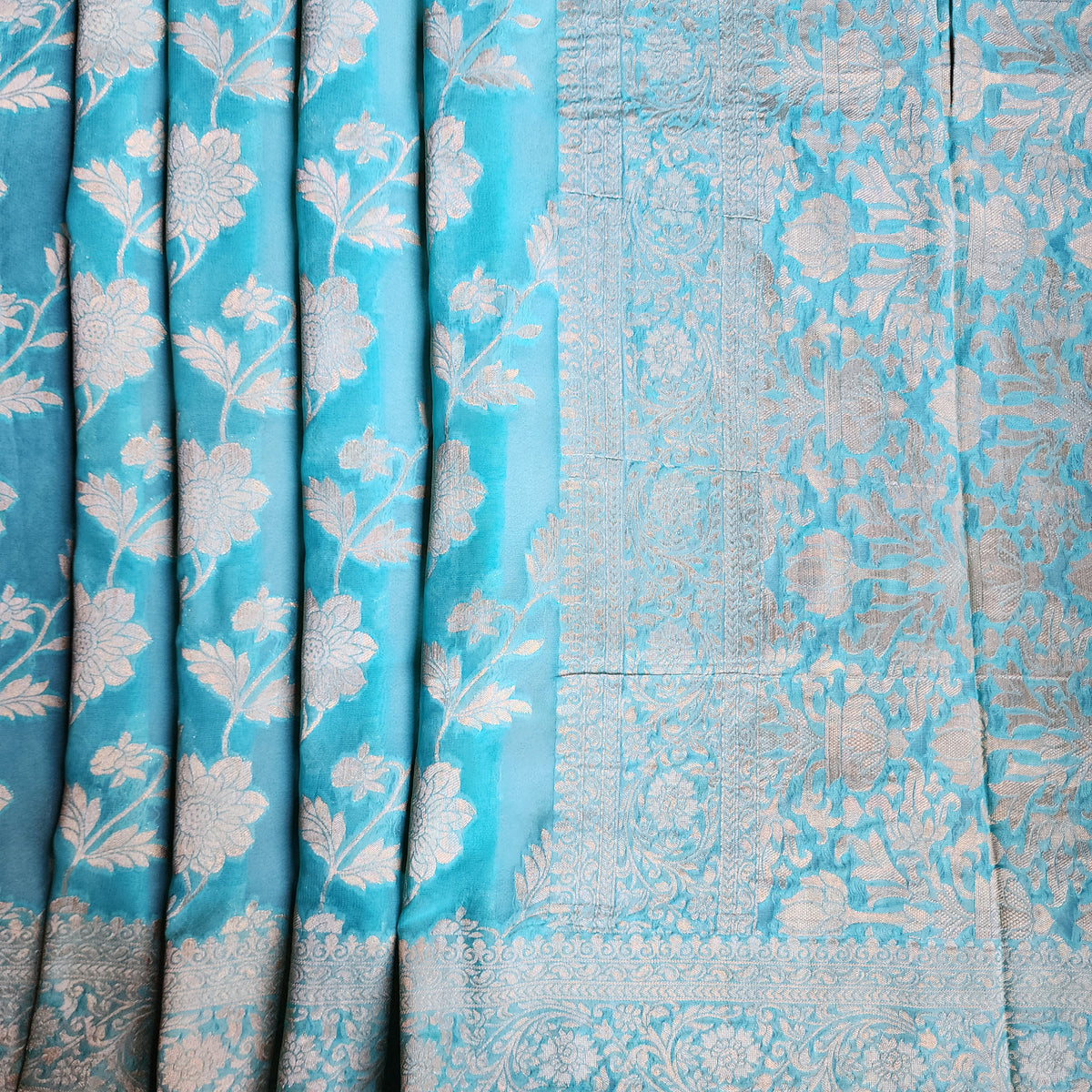 Khaddi Georgette Pure Banarasi Saree in Turquoise