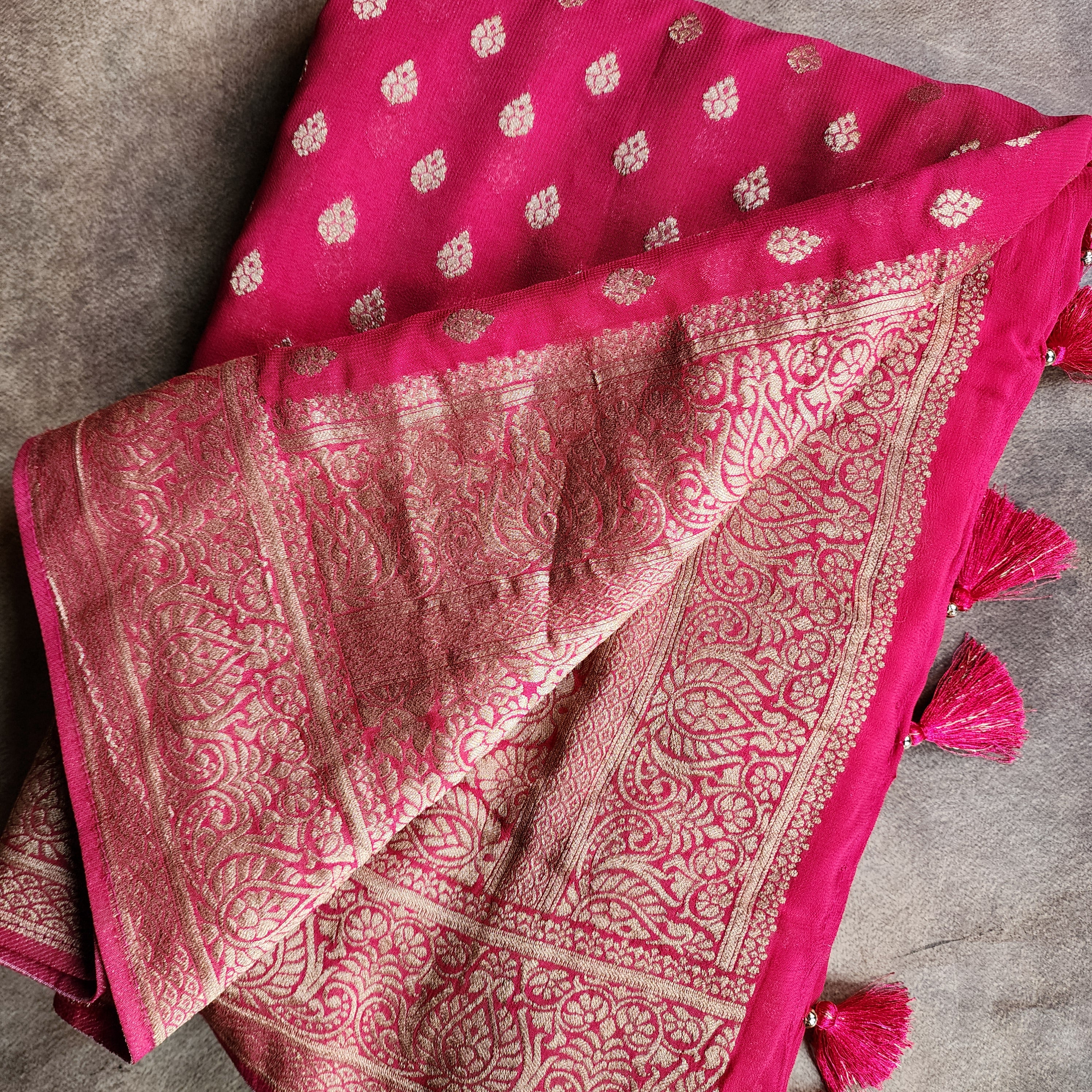 Radish Pink Khaddi Georgette Pure Banarasi Saree with Golden Zari