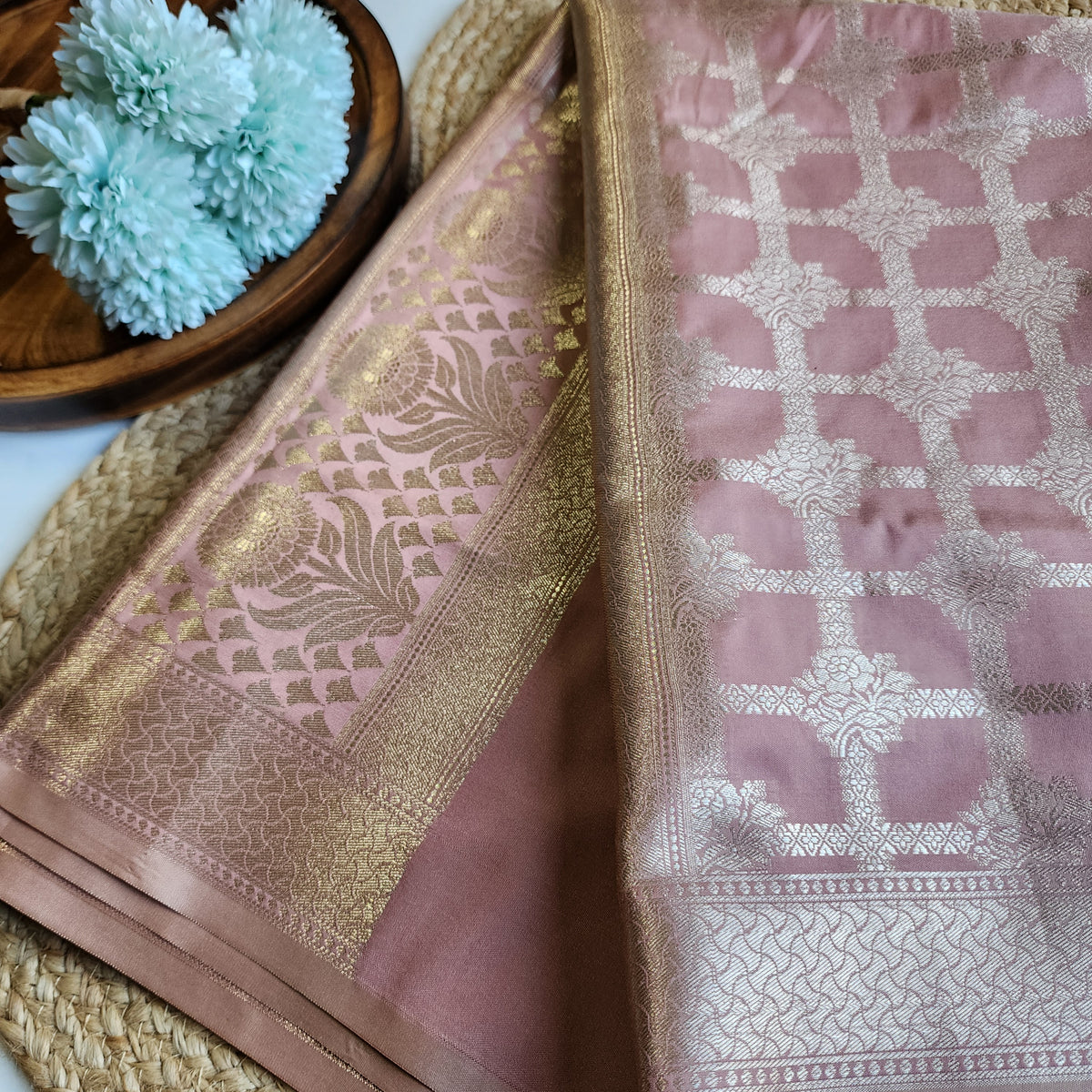 Rose Pink Banarasi Dupatta - Golden Lattice Weave