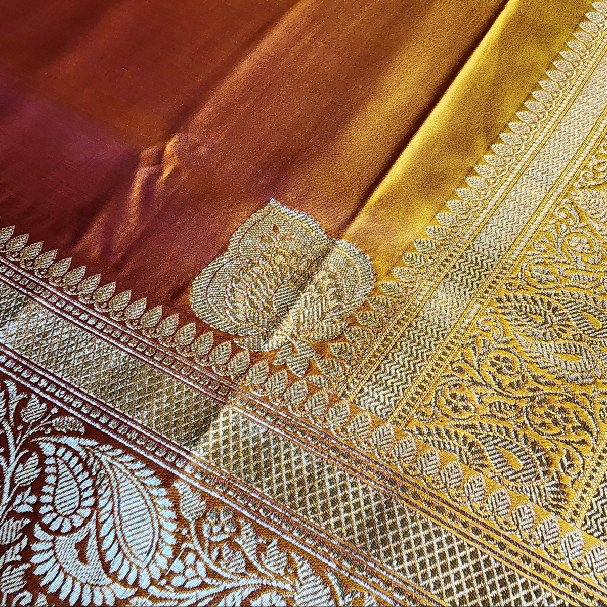 Rich Orange Pure Banarasi Katan Silk Saree with light Gold Zari Weaving