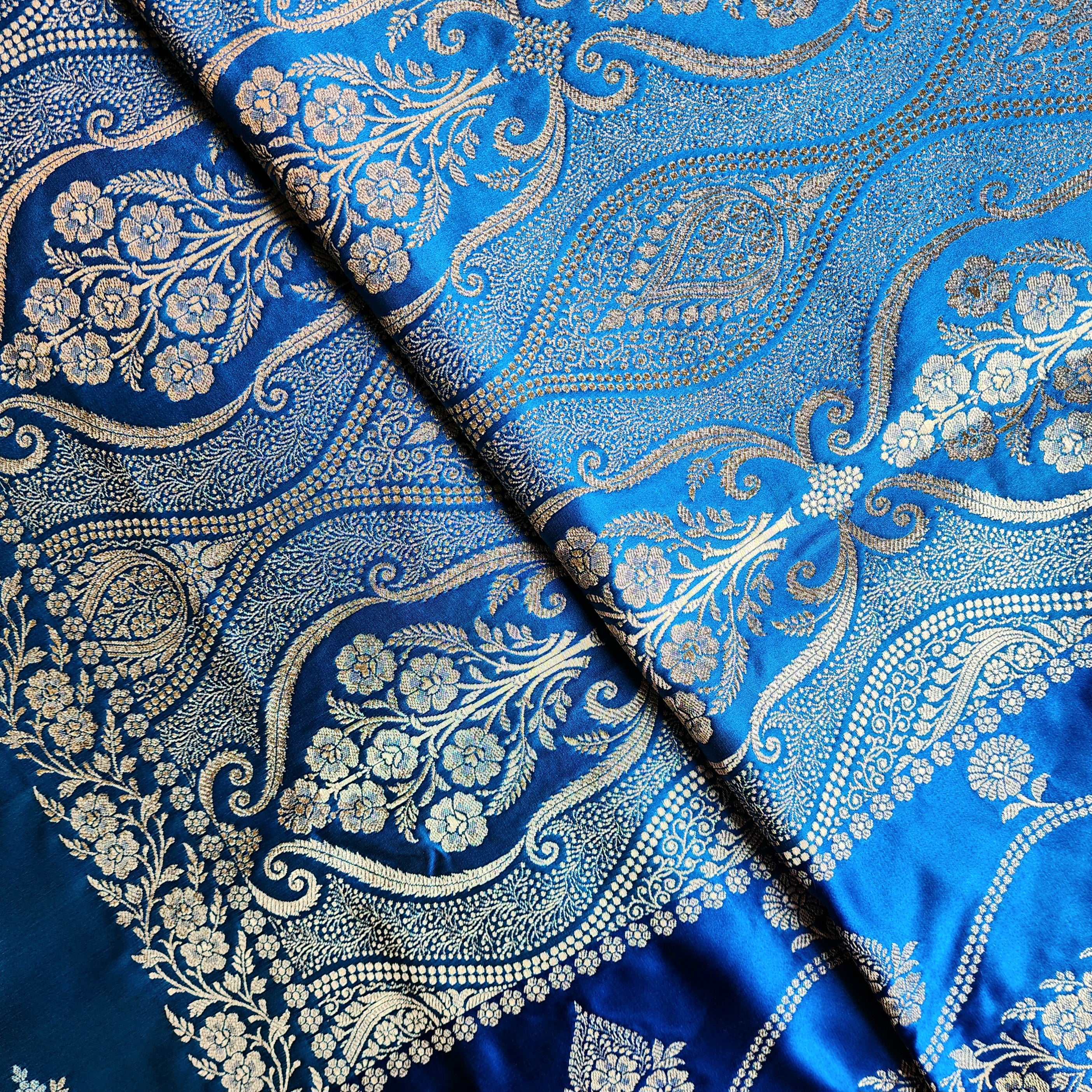 Dual-Tone Shiny Blue Pure Banarasi Katan Silk Saree