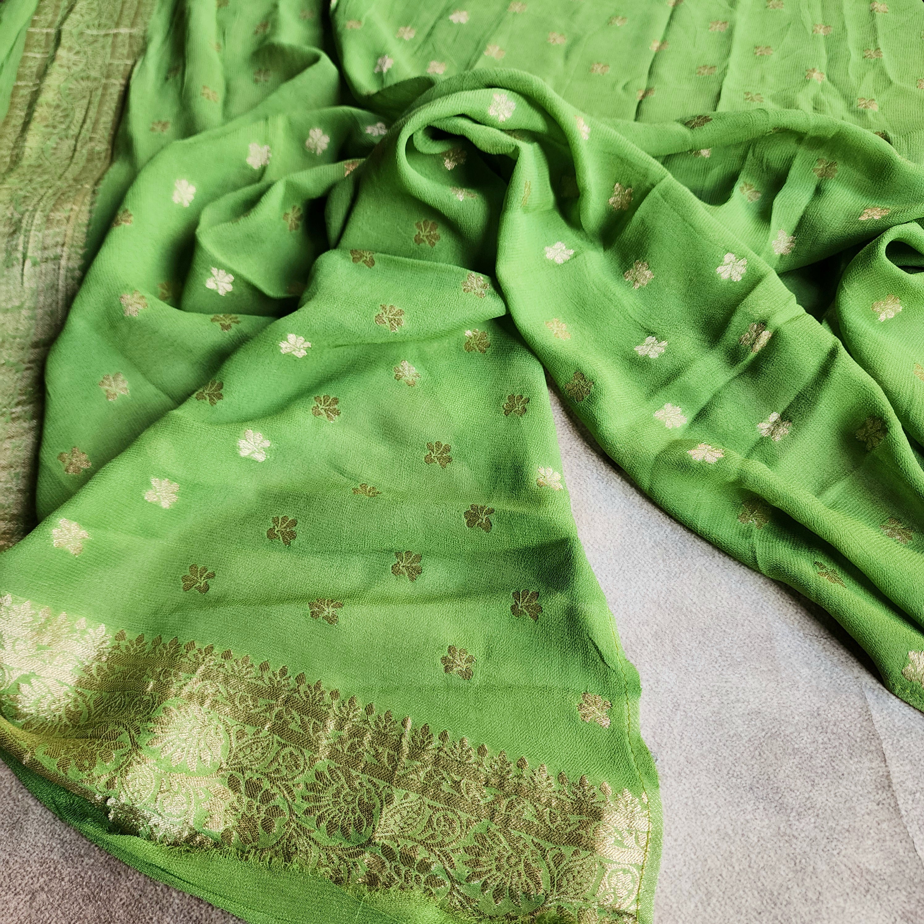 Khaddi Georgette Pure Banarasi Saree in Light Bottle Green