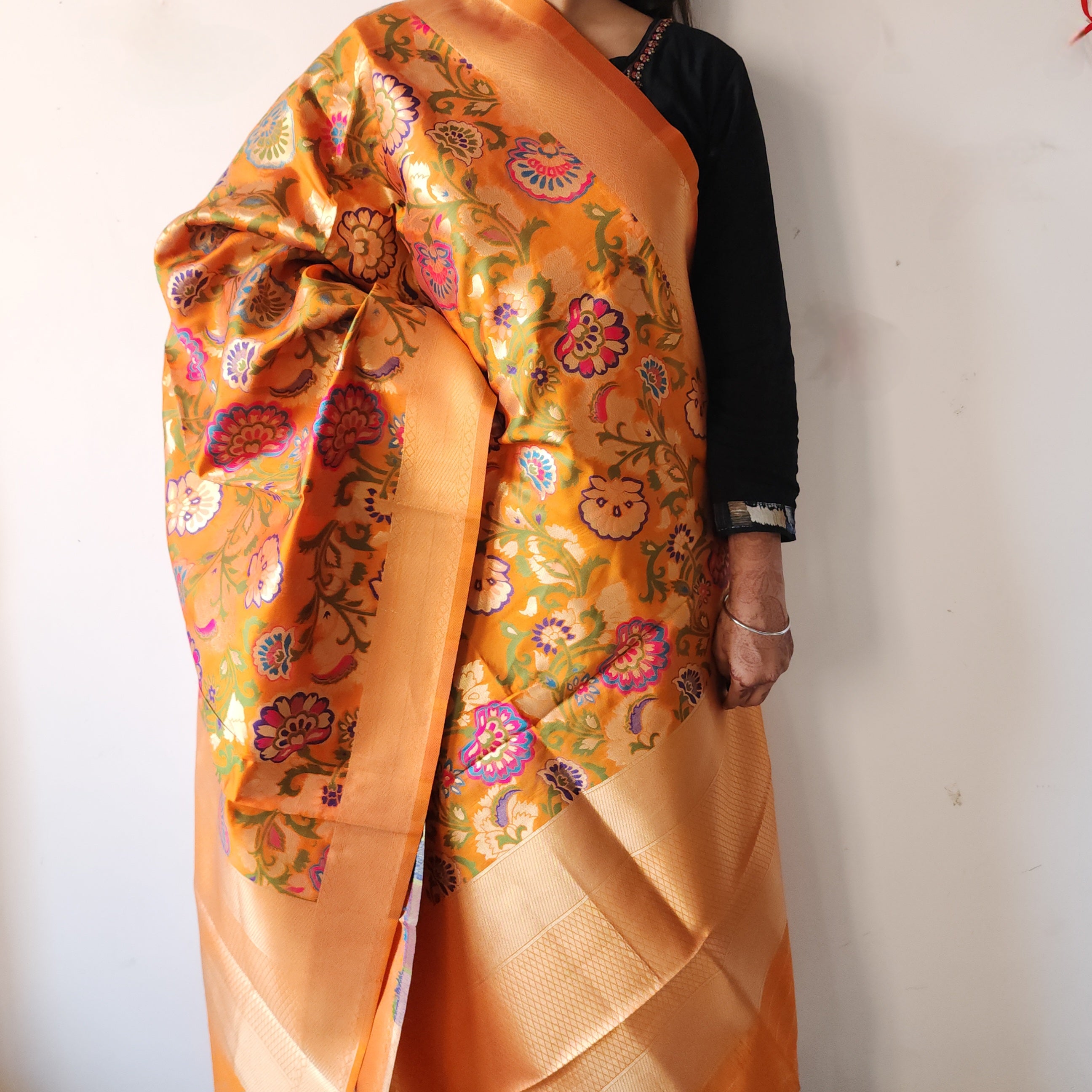Banarasi Silk Orange Dupatta with Multicolor & Gold Floral Handweaving