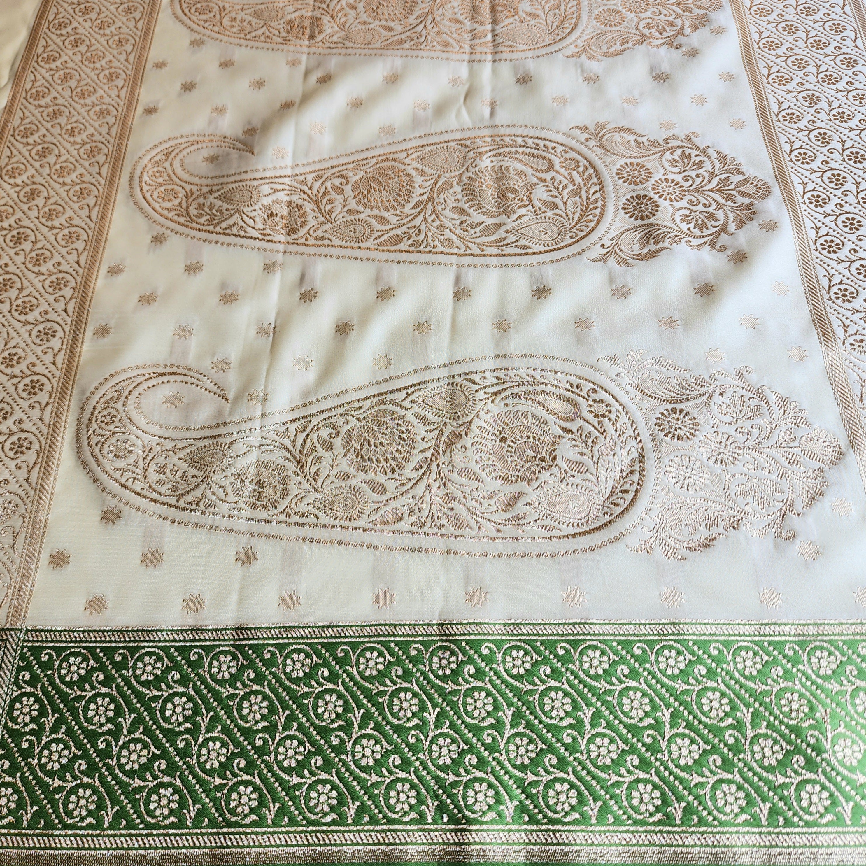 White Katan Silk Saree with Green and Gold Zari Border