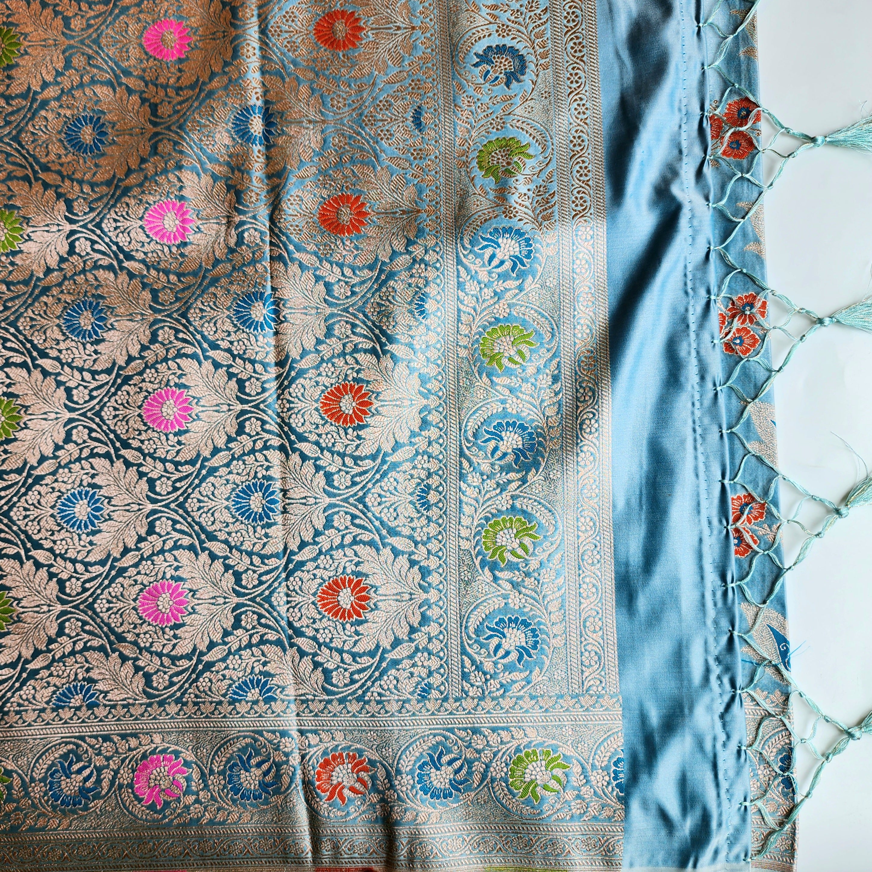 Enriched Powder Blue Banarasi Katan Silk Saree with Multicolor Meenakari Floral Jaal