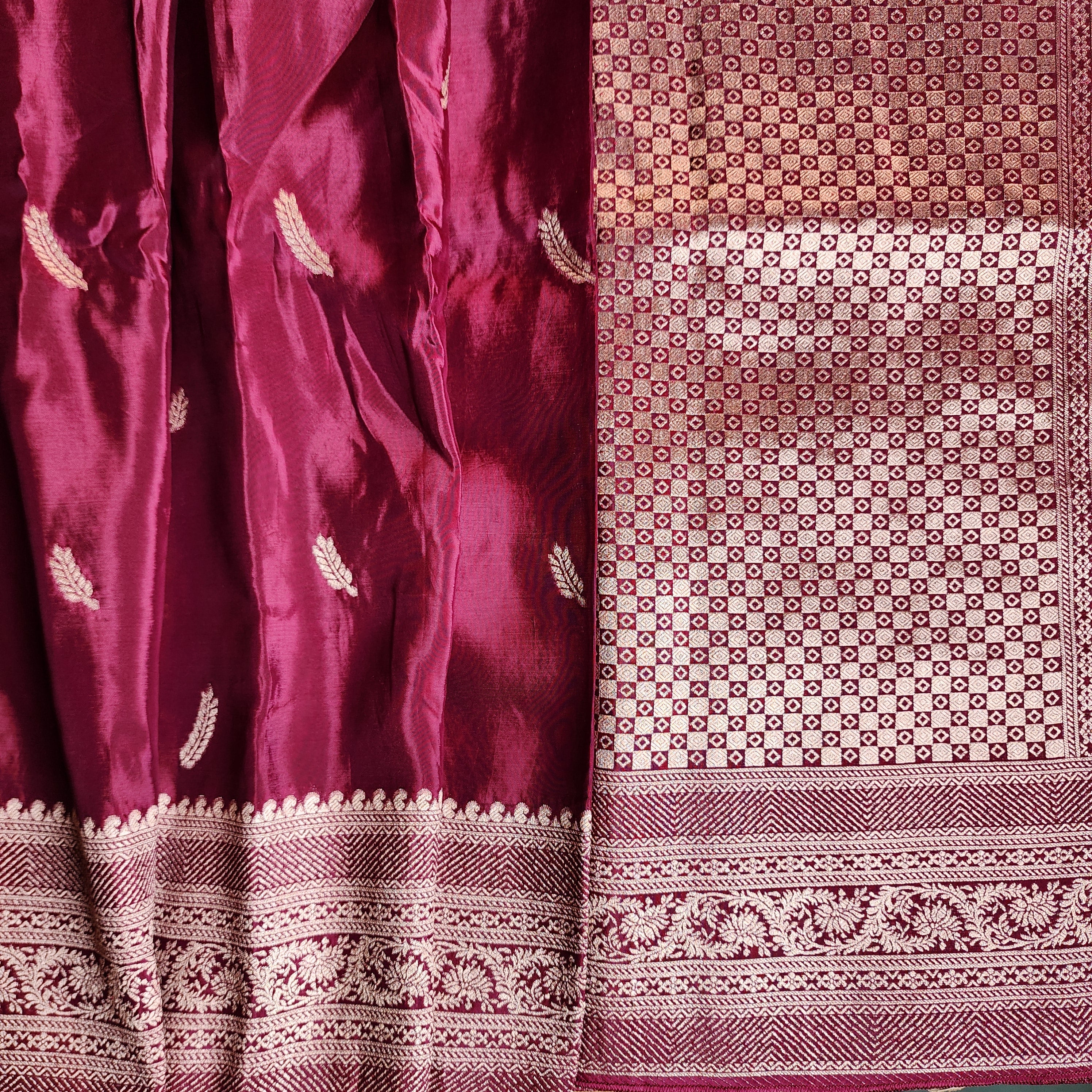 Wine Pure Crepe Silk Saree with Silver Zari Border