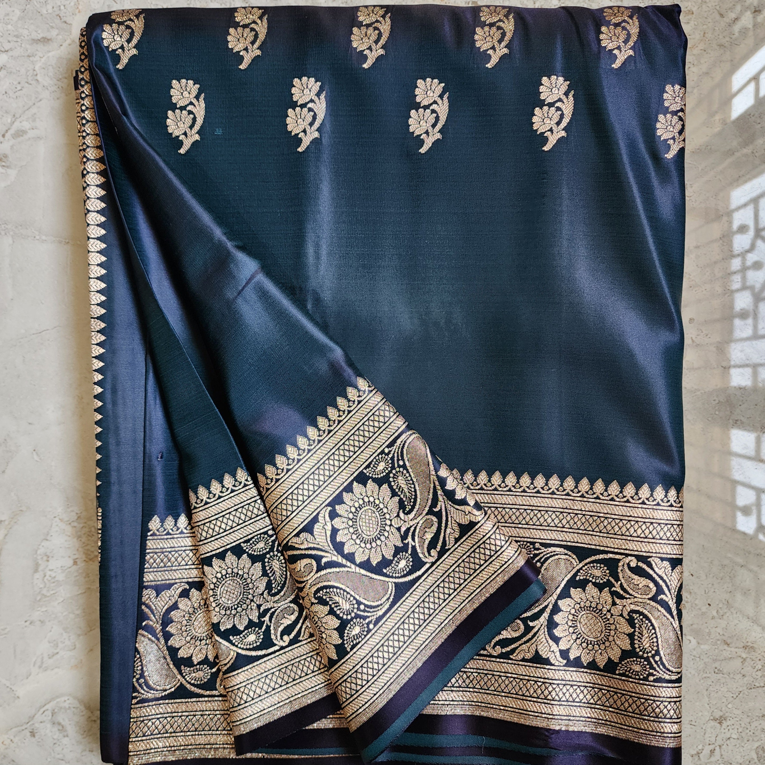Teal Blue Pure Banarasi Katan Silk Saree with light Gold Zari Weaving