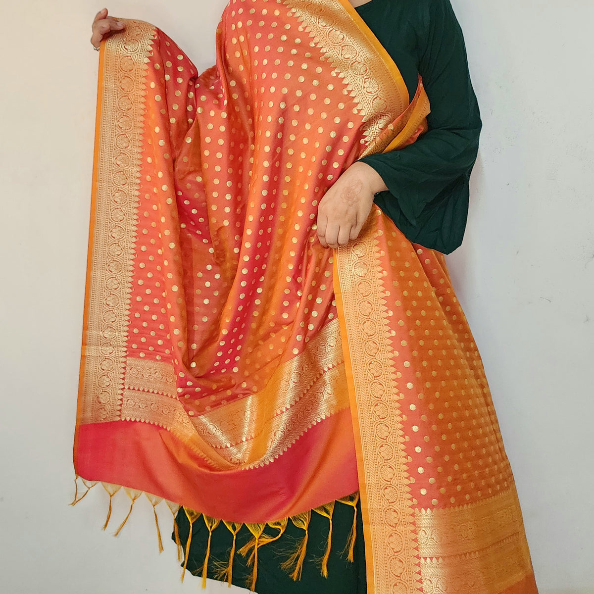 Peach Orange Banarasi Silk Dupatta with Gold Polka Dot