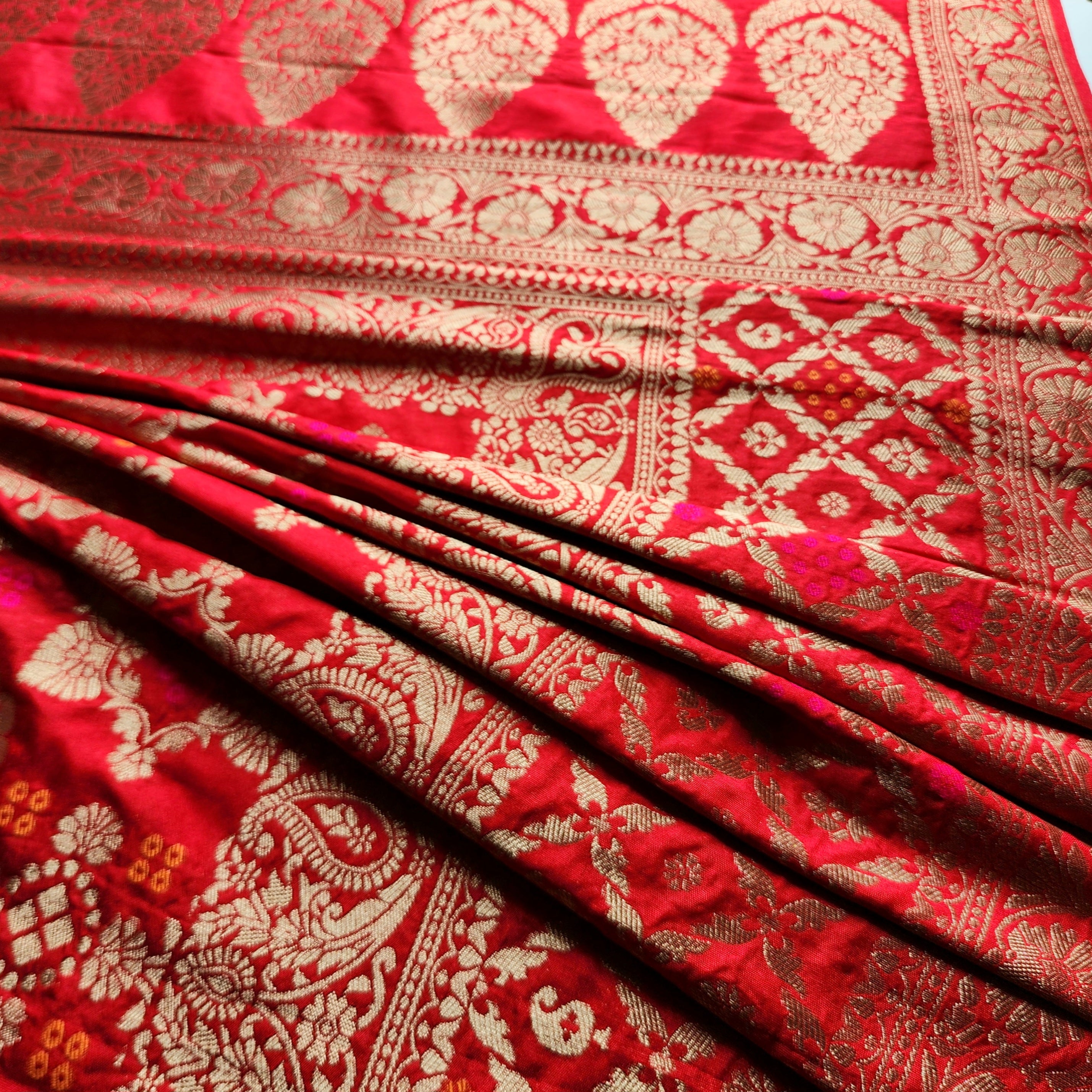 Deep Ruby Red Bandhani Dupatta with Floral and Geometric Zari Weave