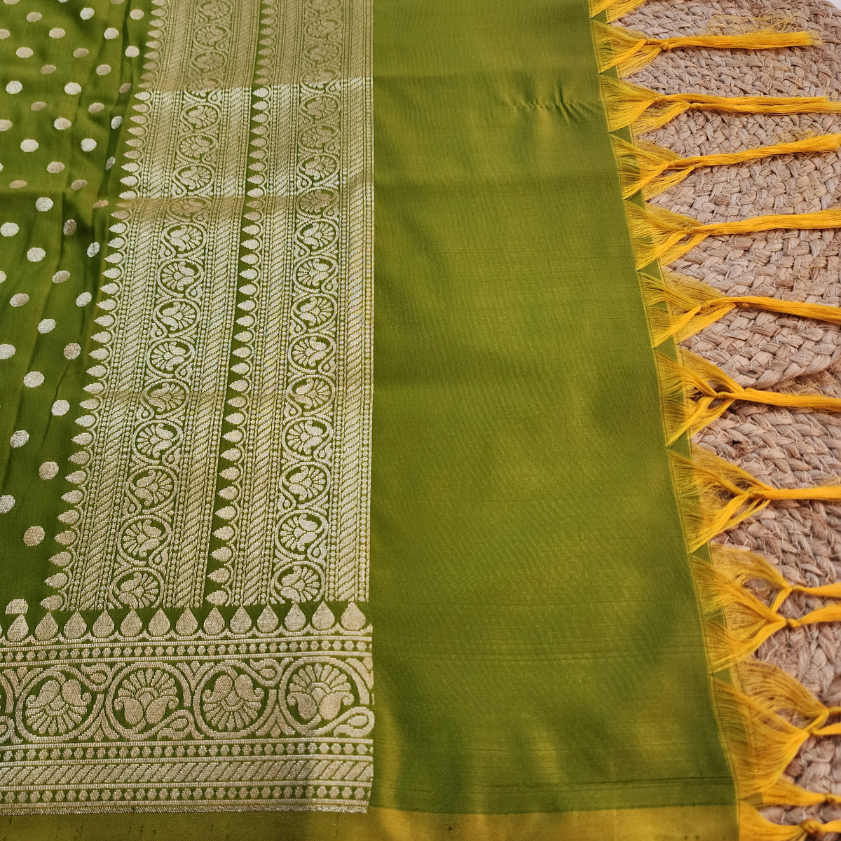 Olive Green Banarasi Silk Dupatta with Gold Polka Dot