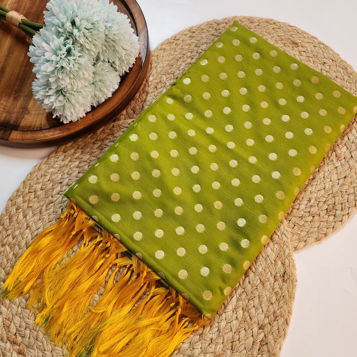 Olive Green Banarasi Silk Dupatta with Gold Polka Dot