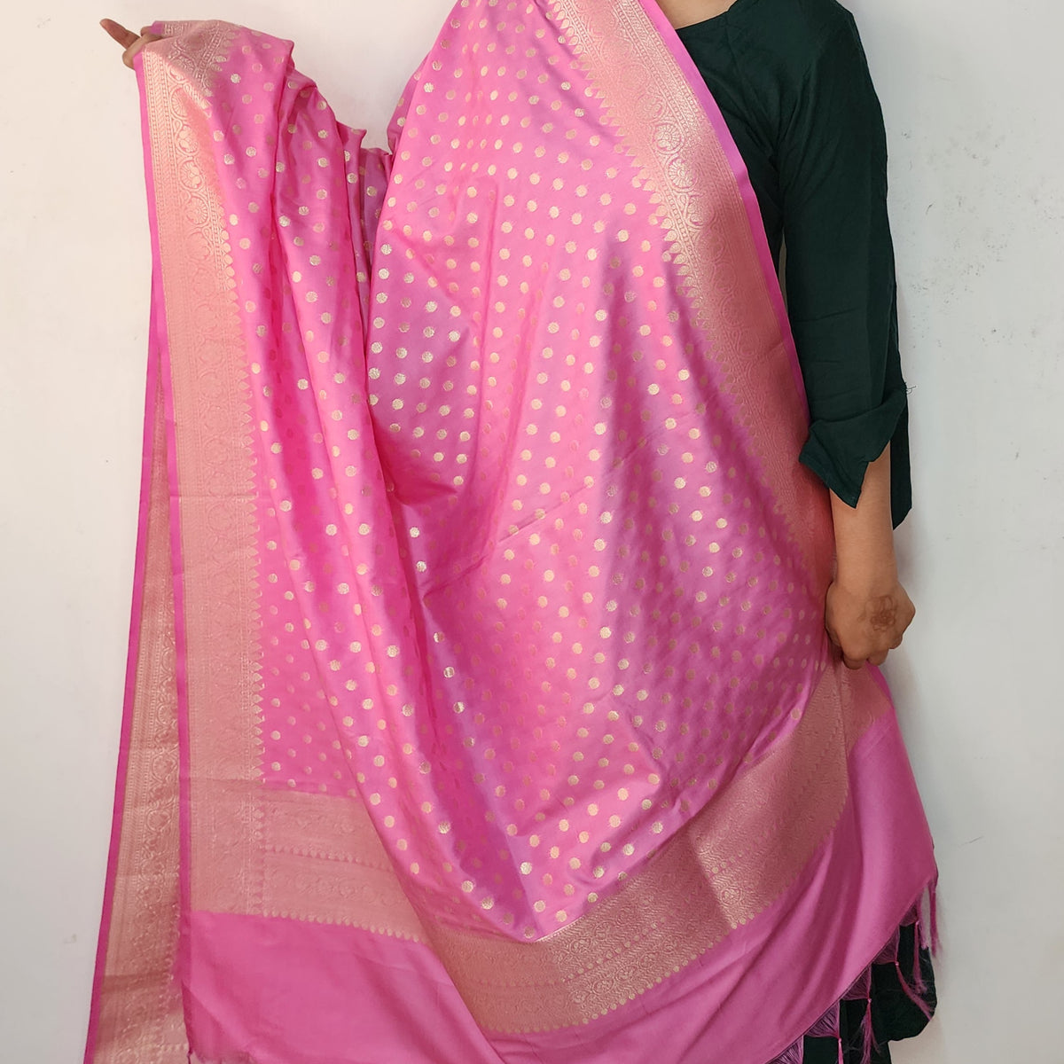 Rani Pink Banarasi Silk Dupatta with Gold Polka Dot