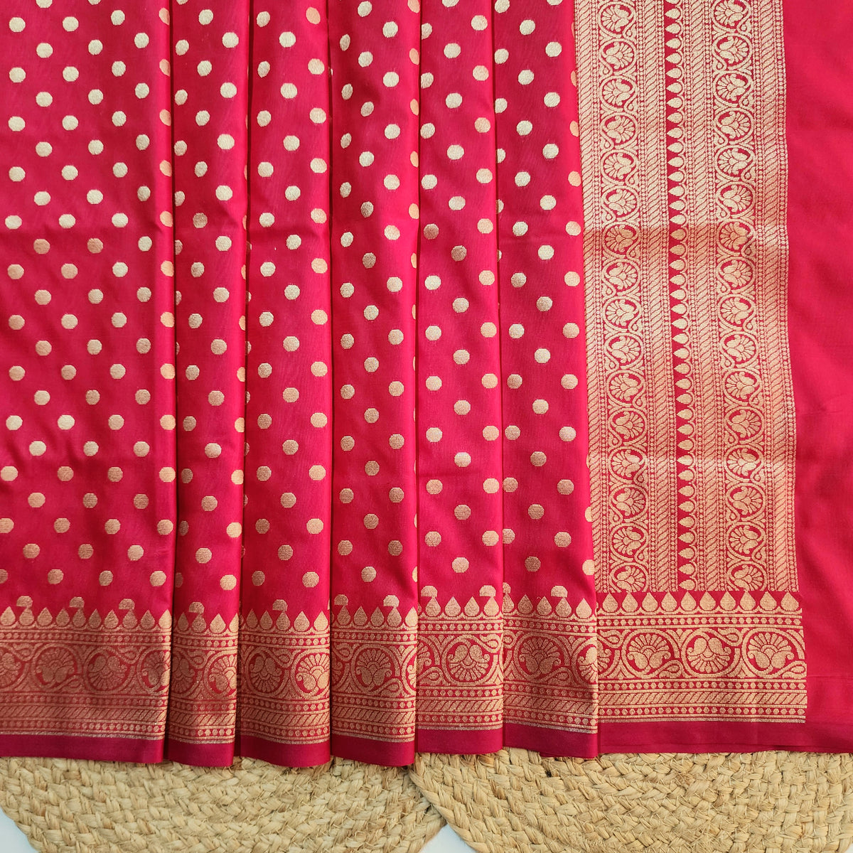 Fuchsia Banarasi Silk Dupatta with Gold Polka Dot
