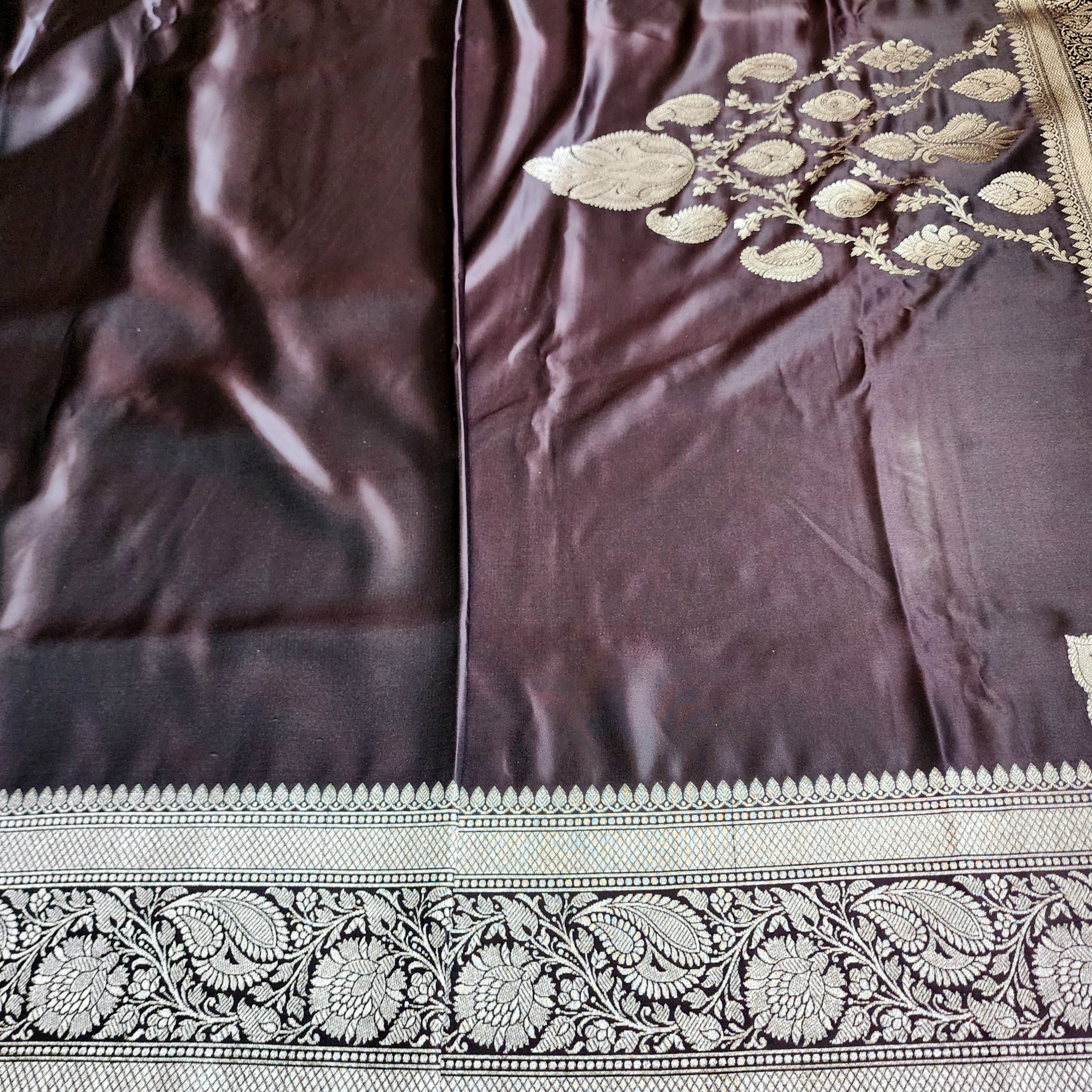 Mulberry Wine Pure Banarasi Katan Silk Saree with light Gold Zari Weaving
