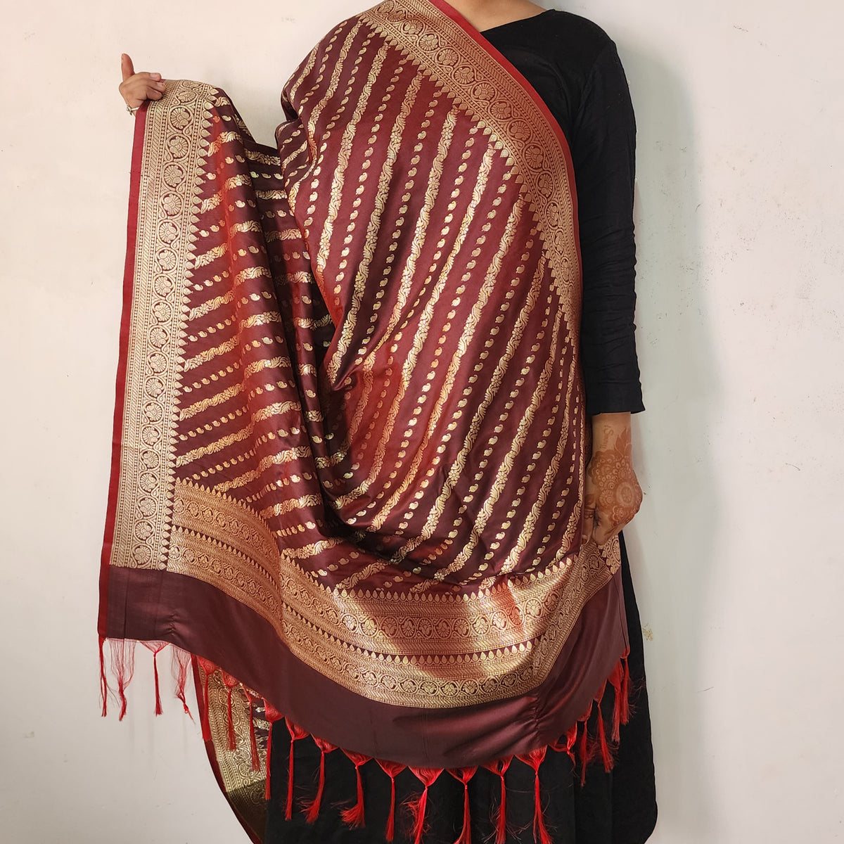 Deep Burgundy - Banarasi Leheriya Style Dupatta