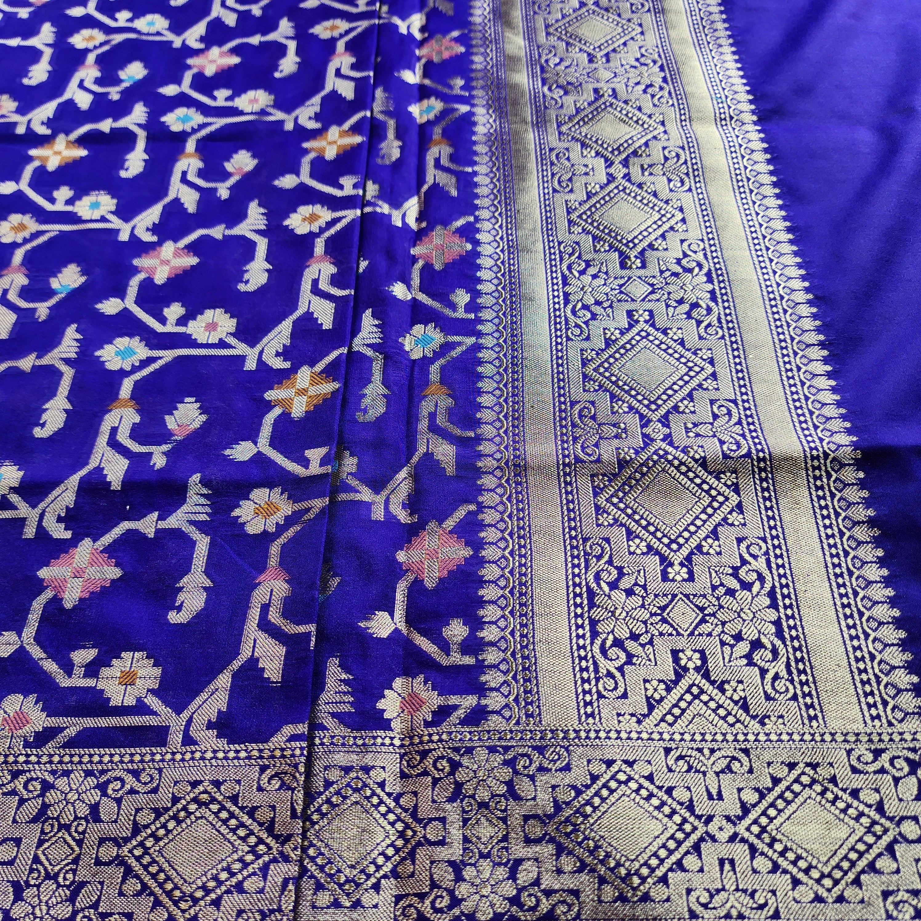 Golden Grid Banarasi Silk Dupatta with Meenakari Work in Electric Blue
