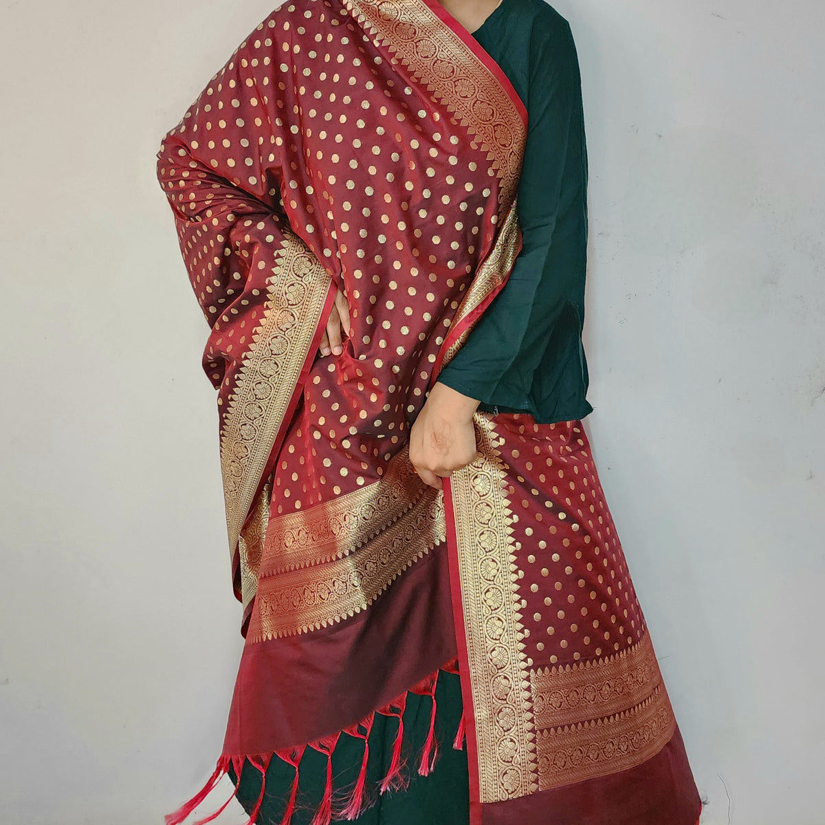 Burgundy Banarasi Silk Dupatta with Gold Polka Dot