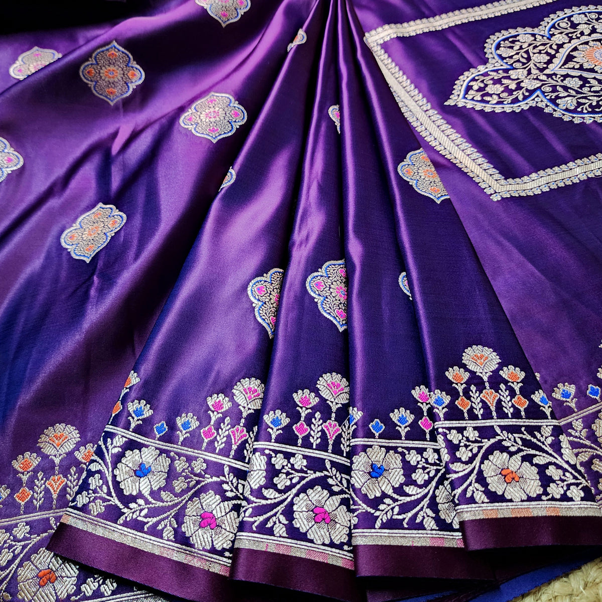 Purple Banarasi Katan Silk Saree with Multicolor Meenakari