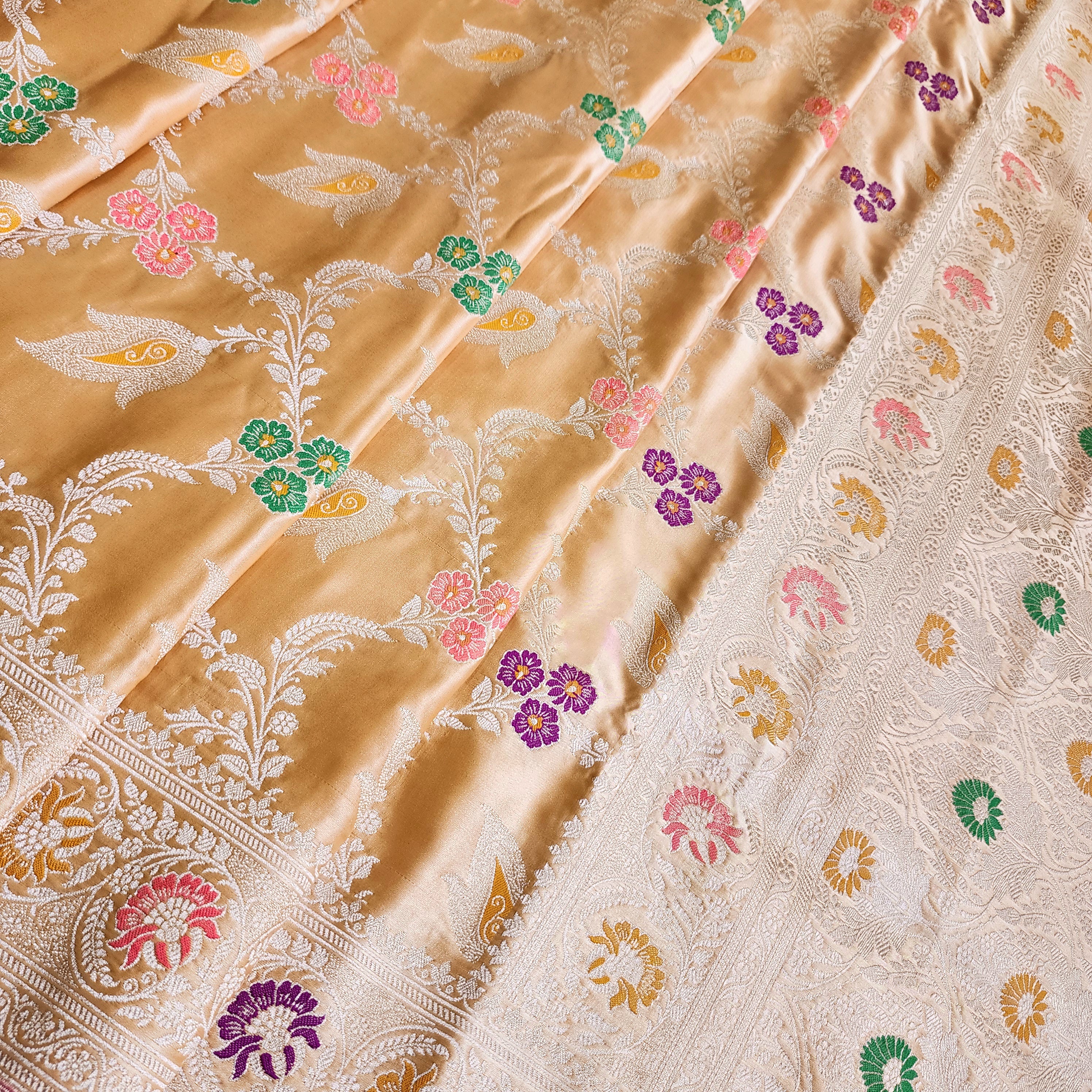 Enriched Dark Orange Banarasi Katan Silk Saree with Multicolor Meenakari Floral Jaal