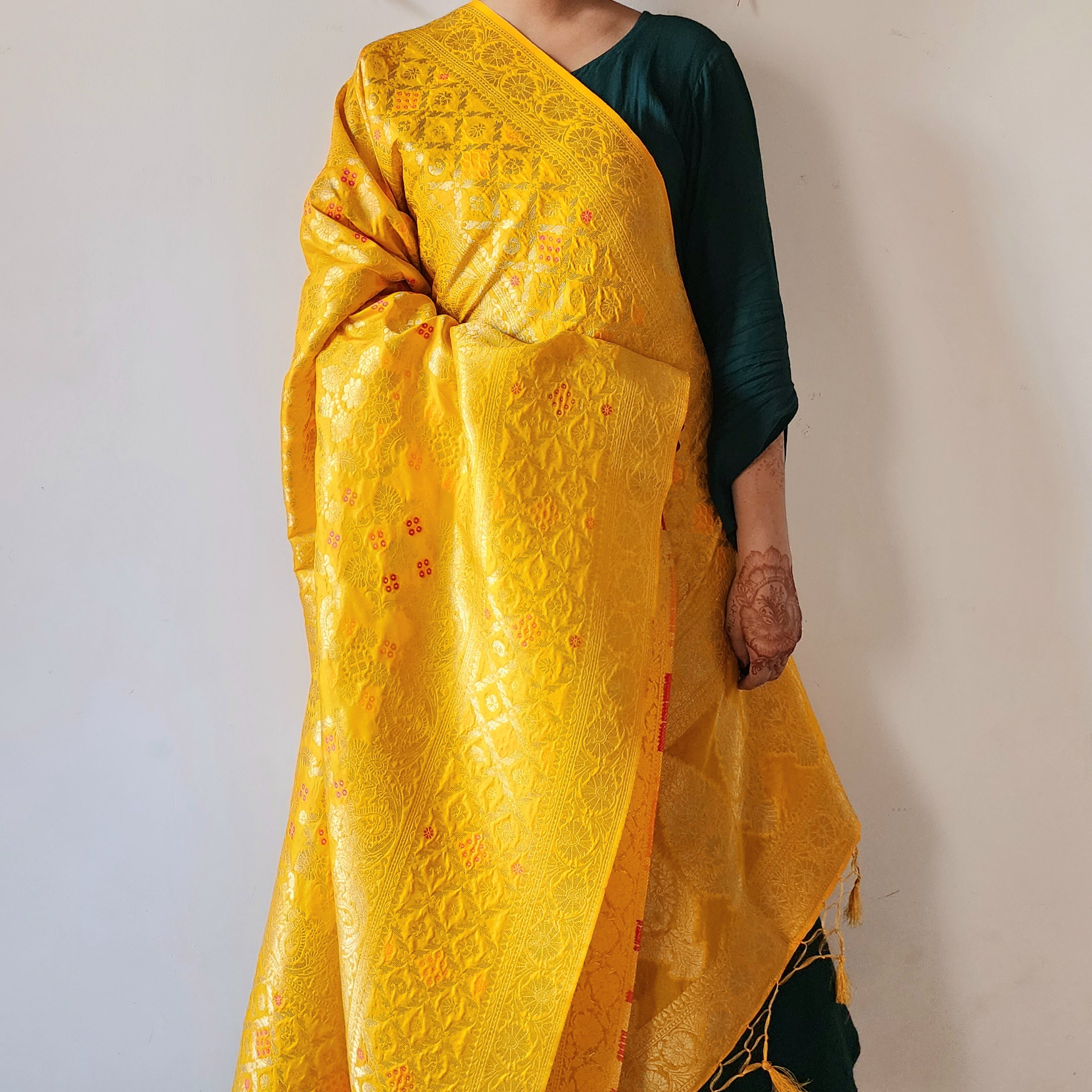 Mustard Gold Bandhani Dupatta with Floral and Geometric Zari Weave