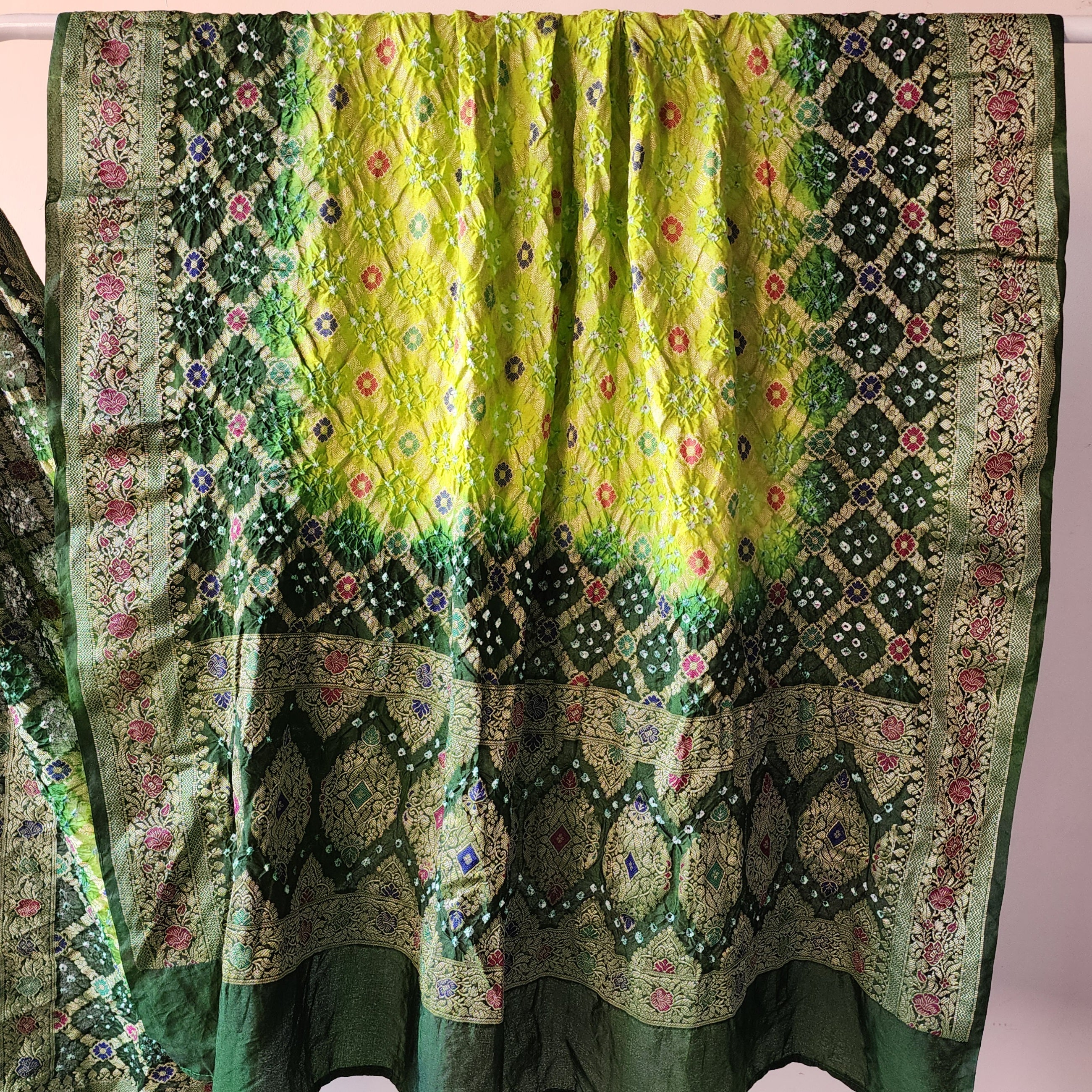 Dual-Tone Green Bandhni Dupatta with Golden Border & Banarasi Meenakari Work