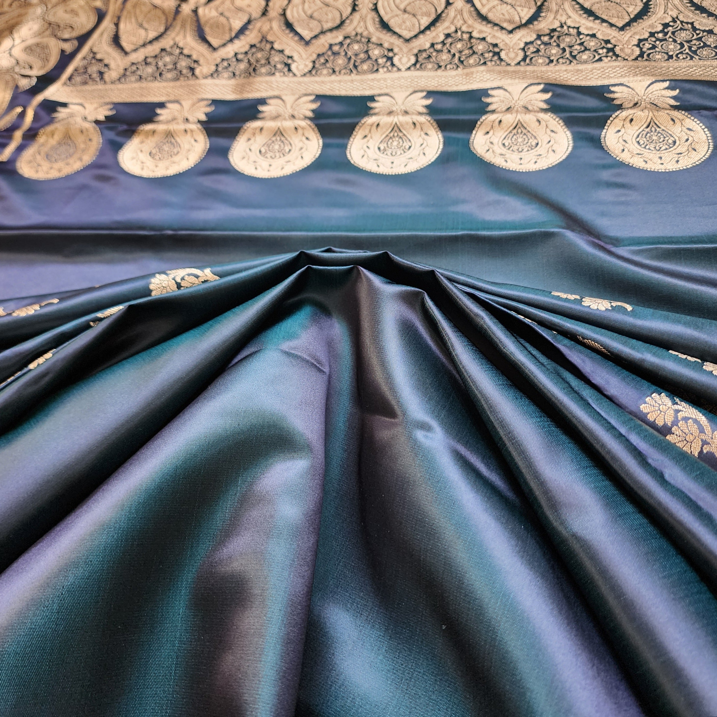 Teal Blue Pure Banarasi Katan Silk Saree with light Gold Zari Weaving