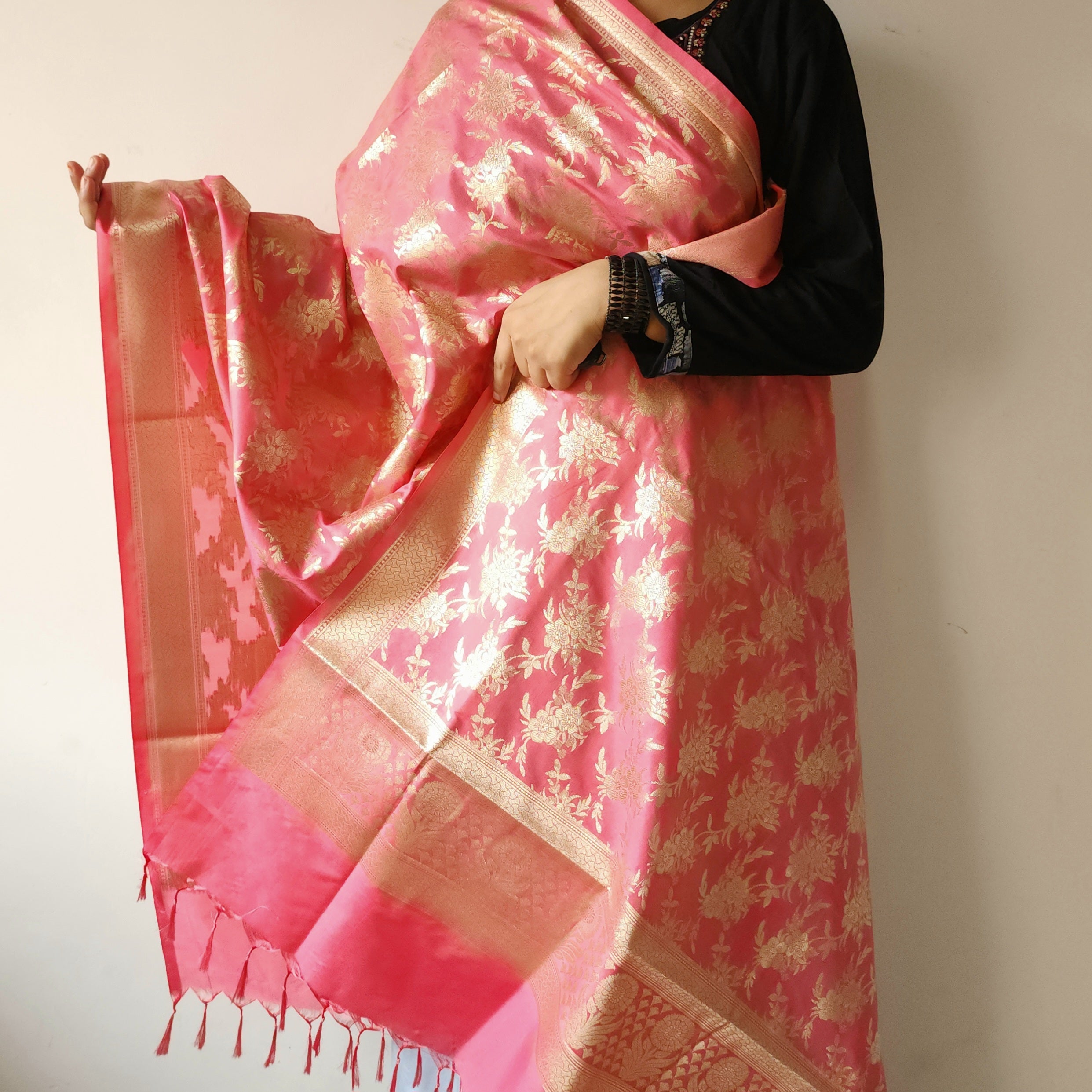 Cerise Pink Banarasi Dupatta - Floral Brocade Zari