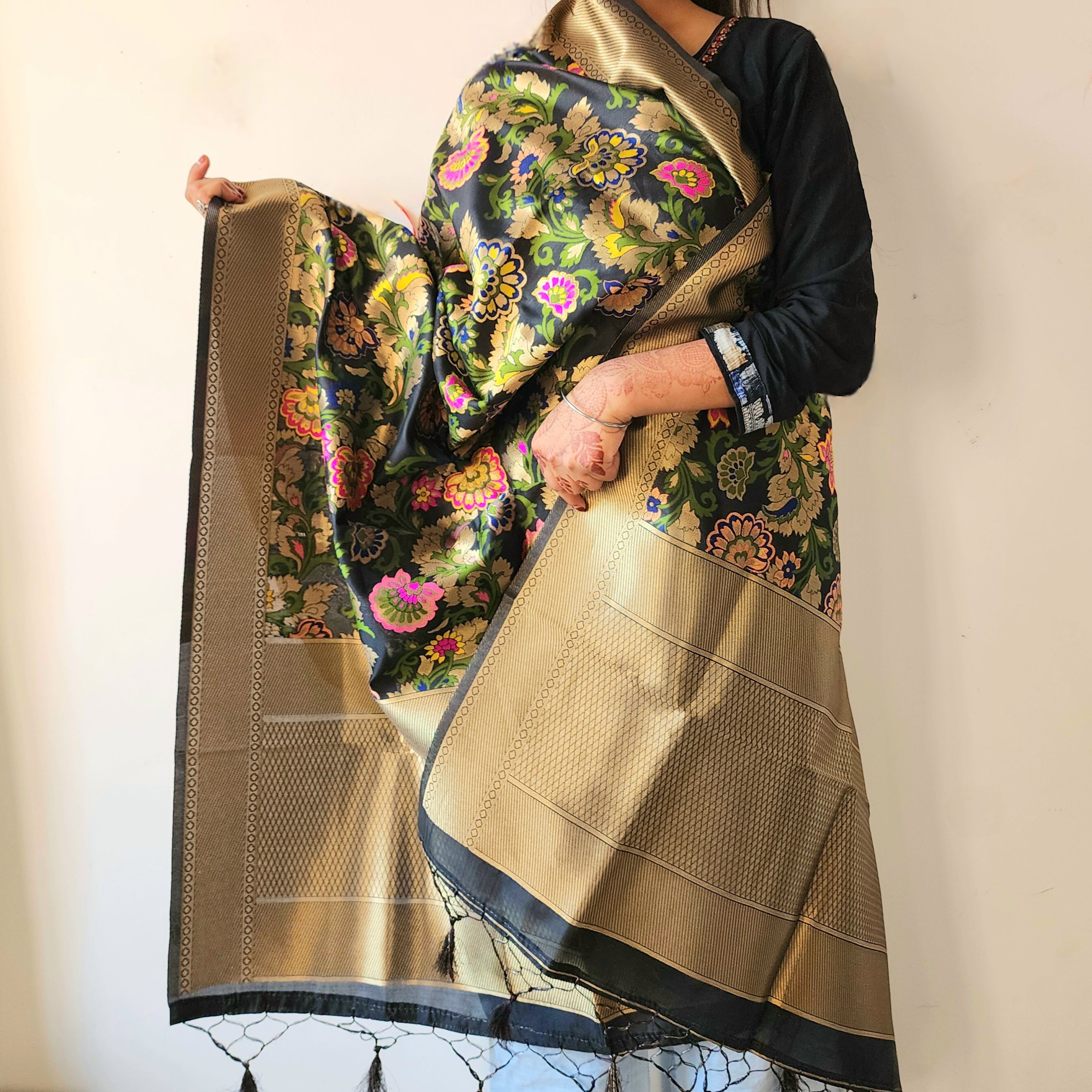 Banarasi Black Dupatta with Multicolor & Gold Floral Handweaving