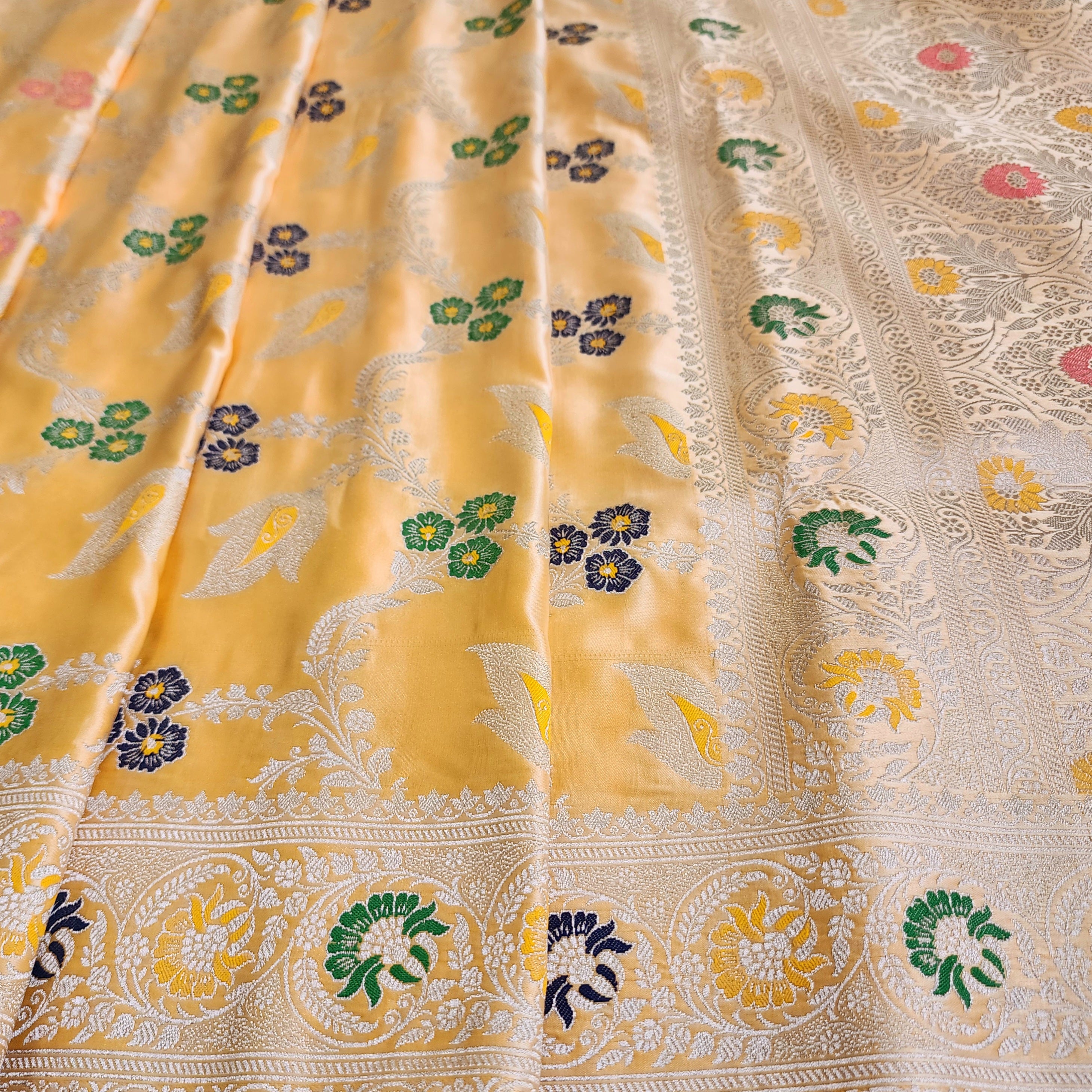 Enriched Light Orange Banarasi Katan Silk Saree with Multicolor Meenakari Floral Jaal