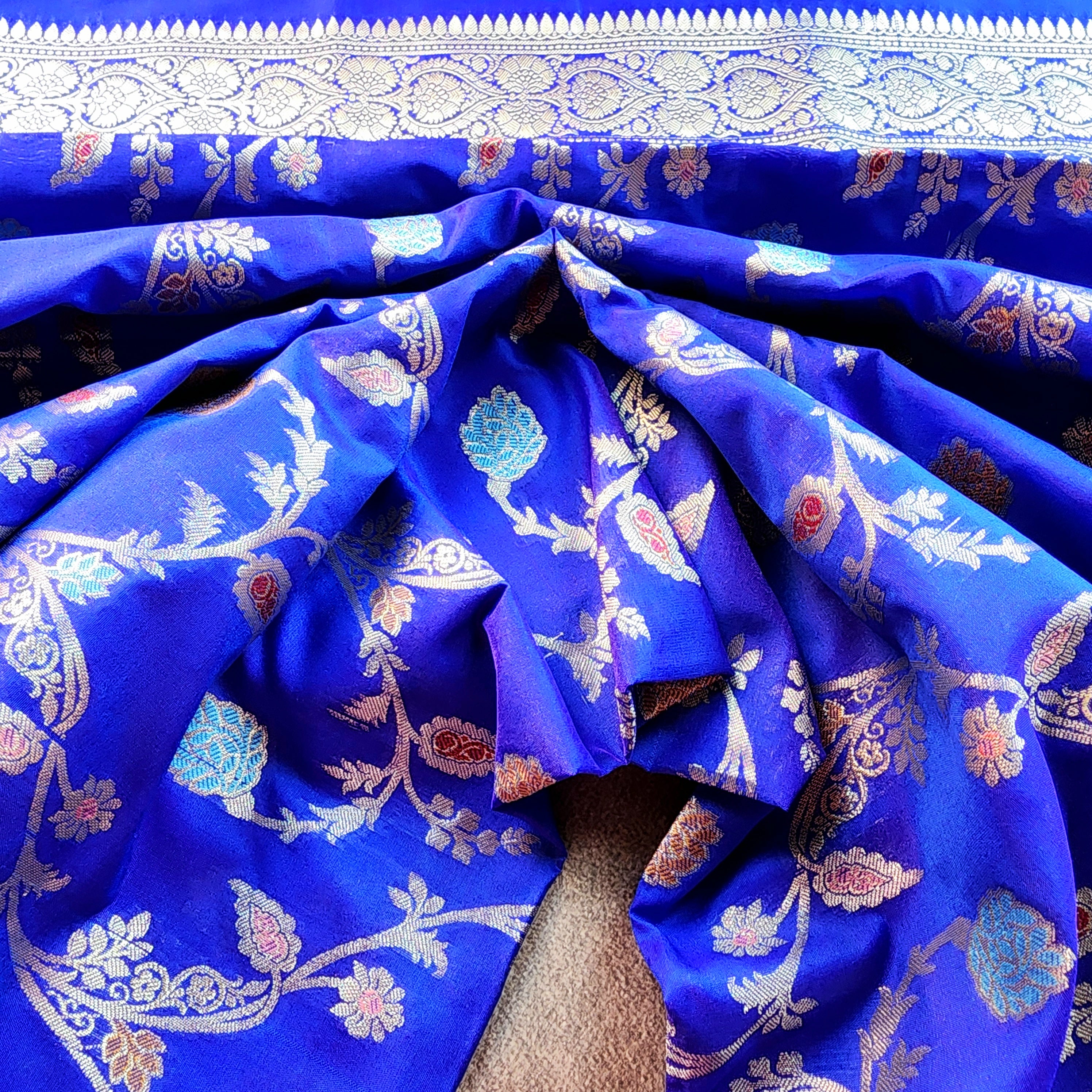 Royal Blue Banarasi Silk Dupatta with Gold Zari Border & Multicolor Meenakari Work