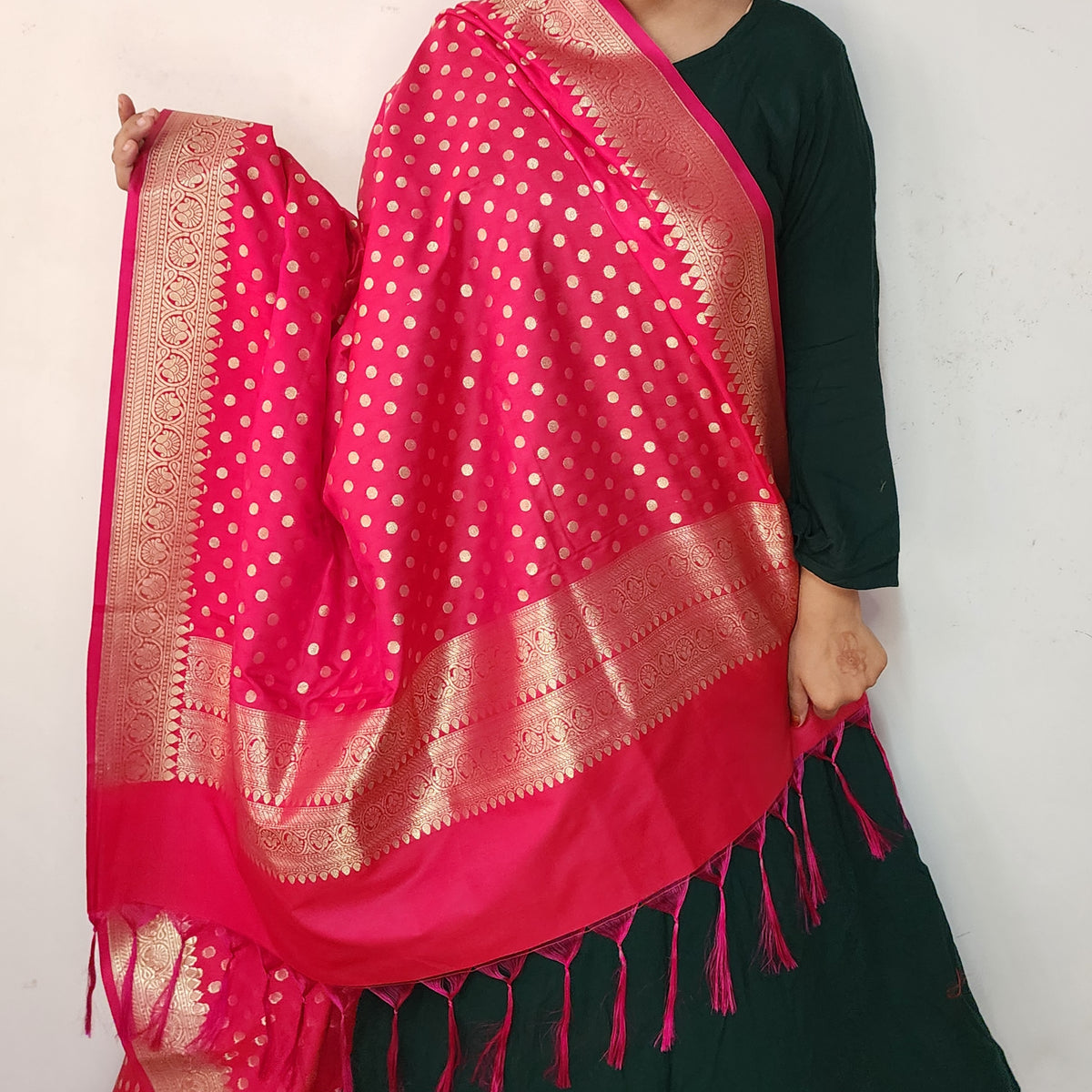 Fuchsia Banarasi Silk Dupatta with Gold Polka Dot