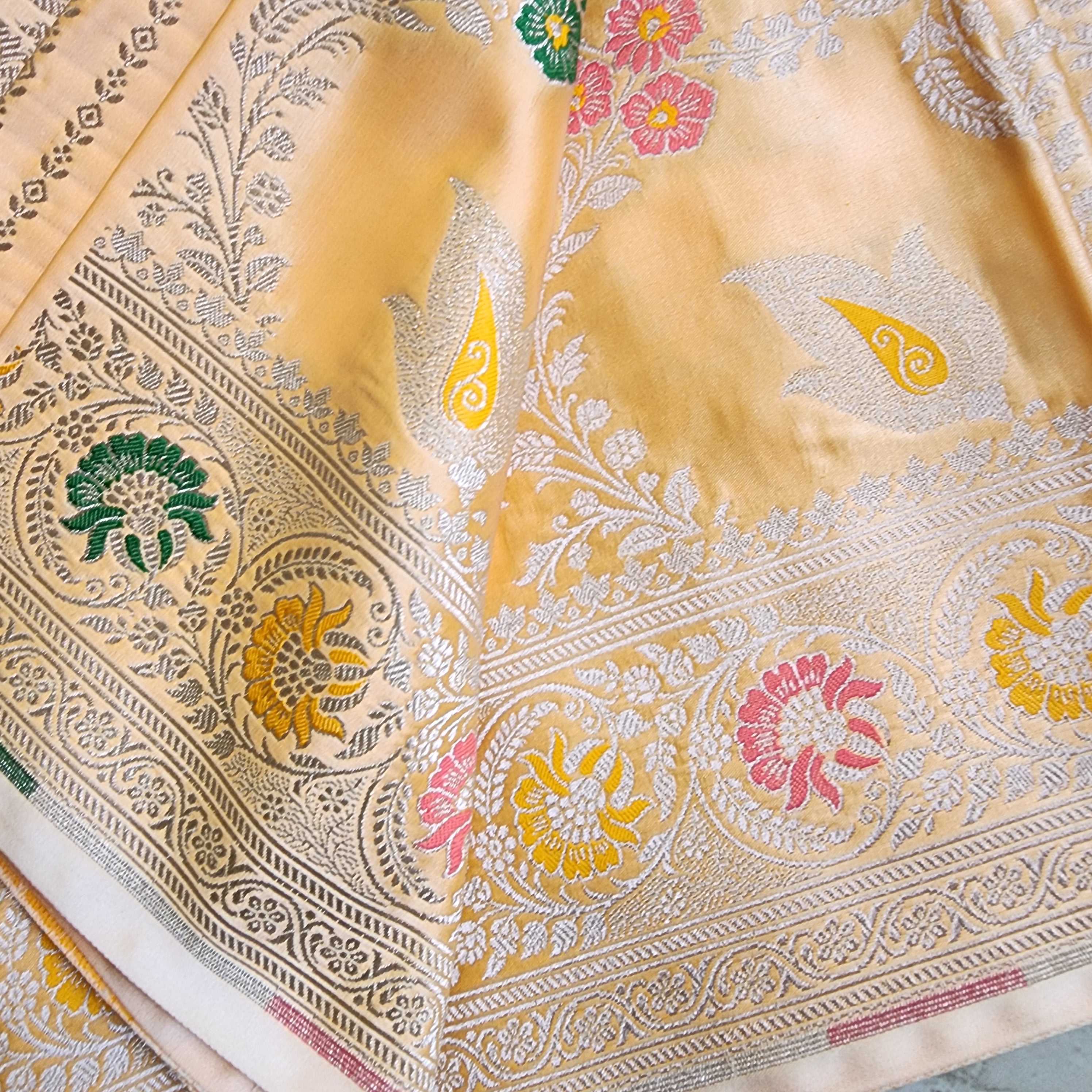 Enriched Light Orange Banarasi Katan Silk Saree with Multicolor Meenakari Floral Jaal