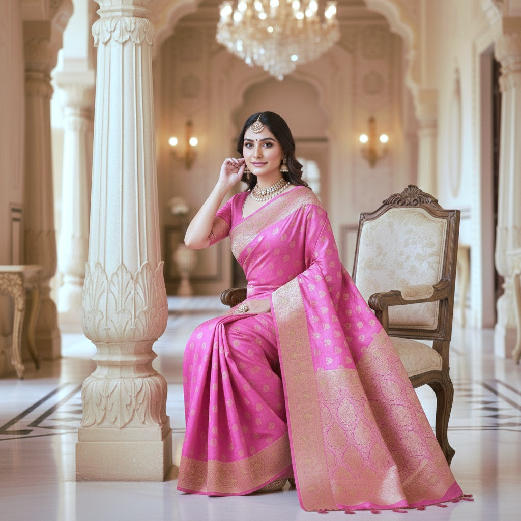 Rich Magenta Pink Banarasi Silk Saree with Gold Zari Weaving