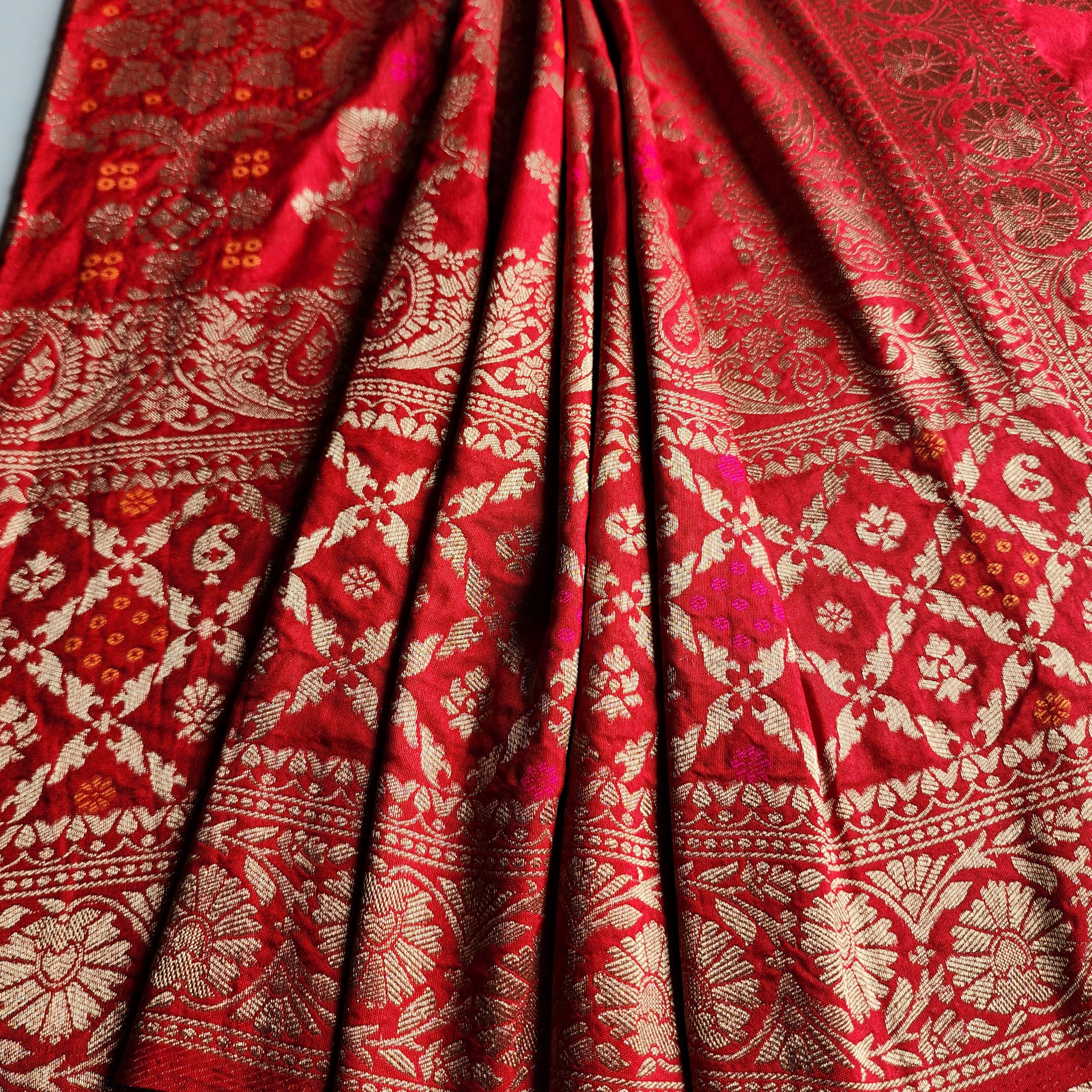 Deep Ruby Red Bandhani Dupatta with Floral and Geometric Zari Weave