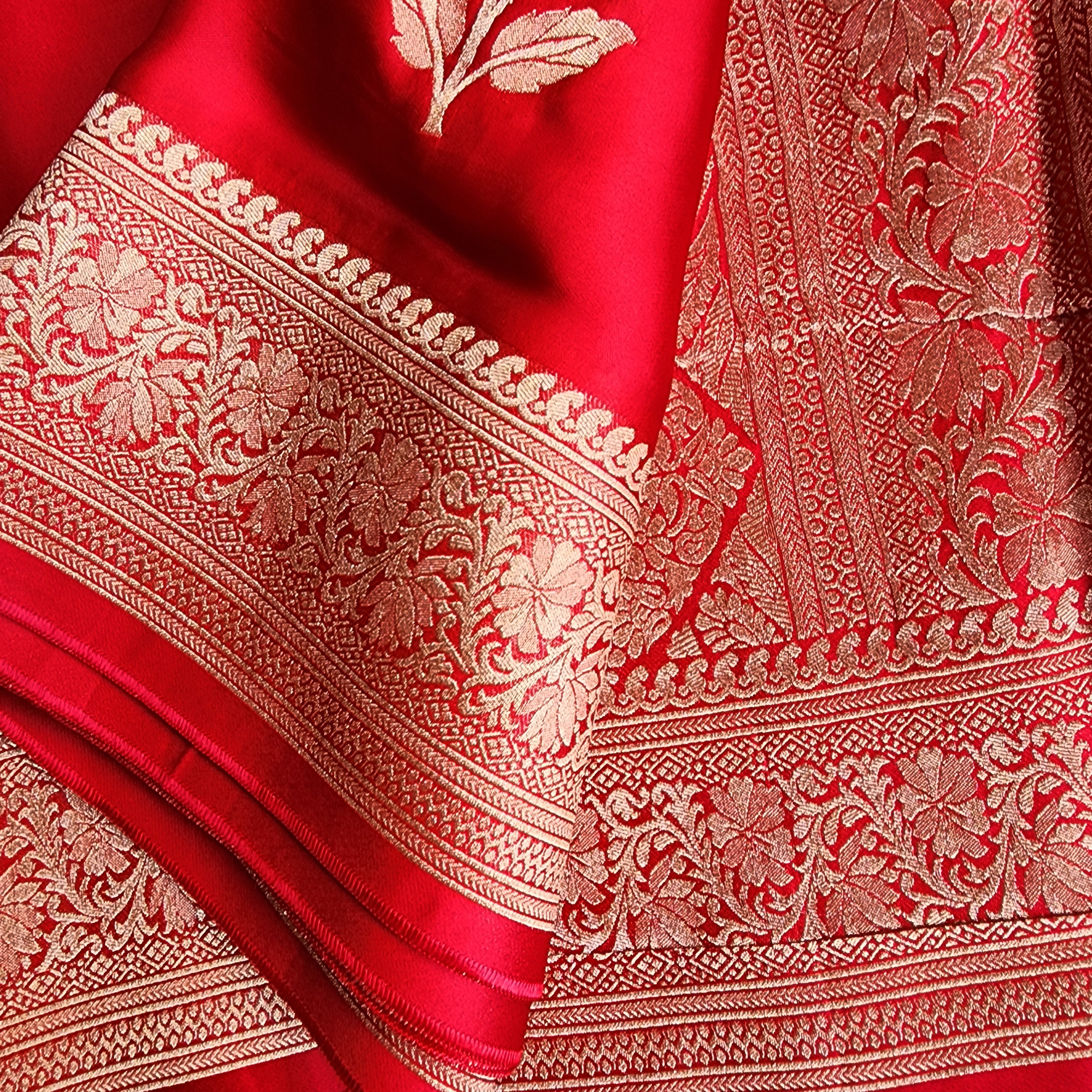 Bright Red Mashru Katan Silk Saree with Gold Weave
