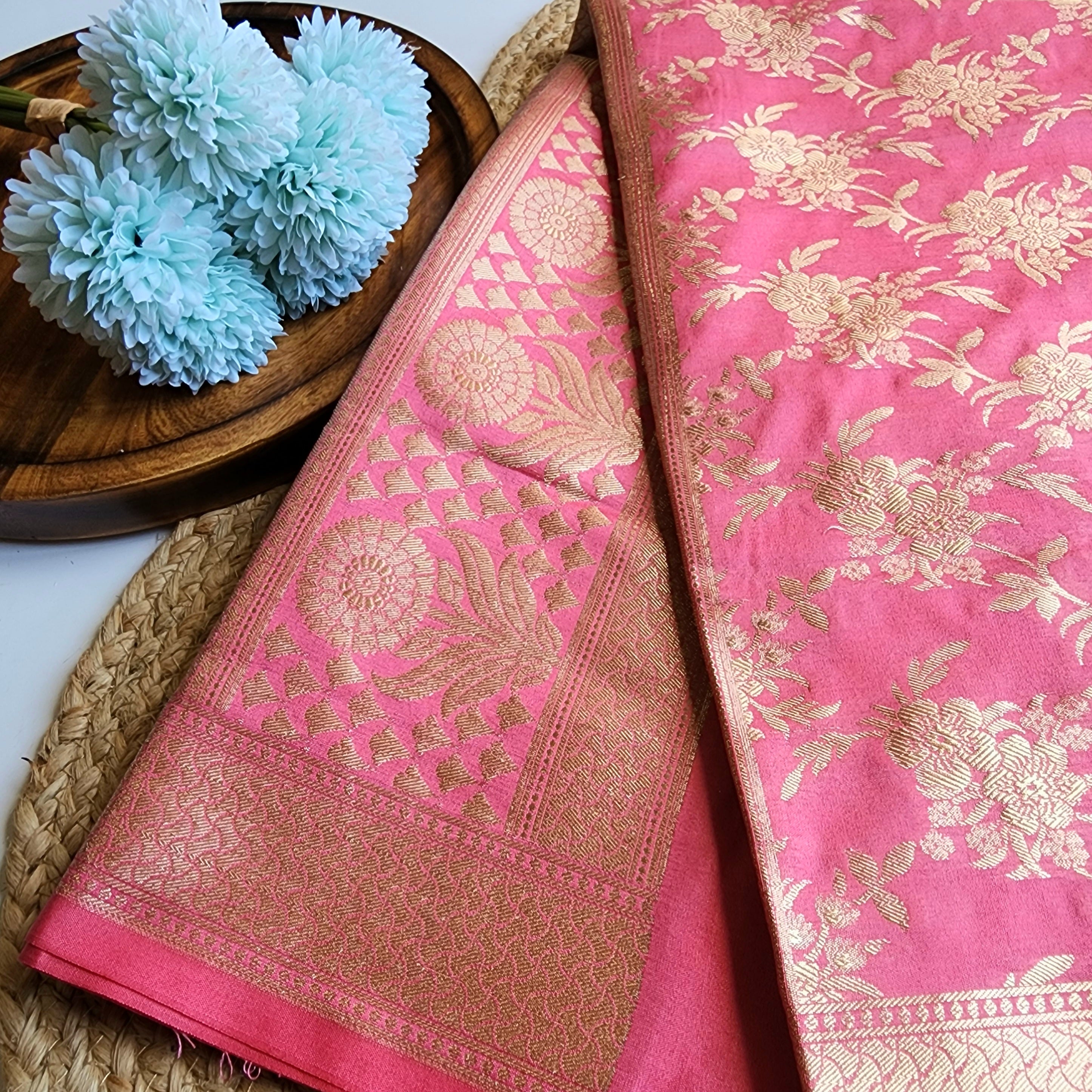 Cerise Pink Banarasi Dupatta - Floral Brocade Zari