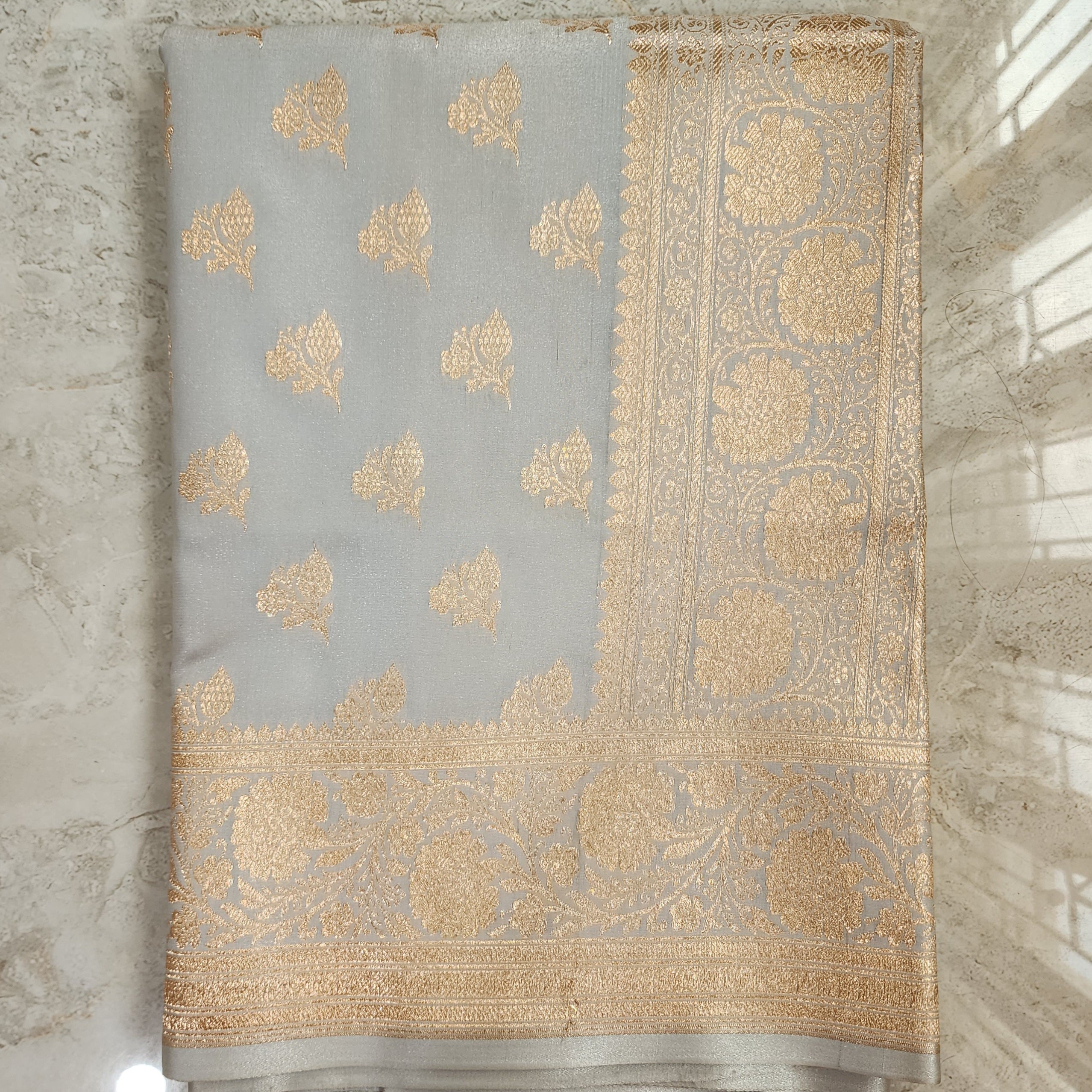 Rich Gray Banarasi Silk Saree with Gold Zari Weaving