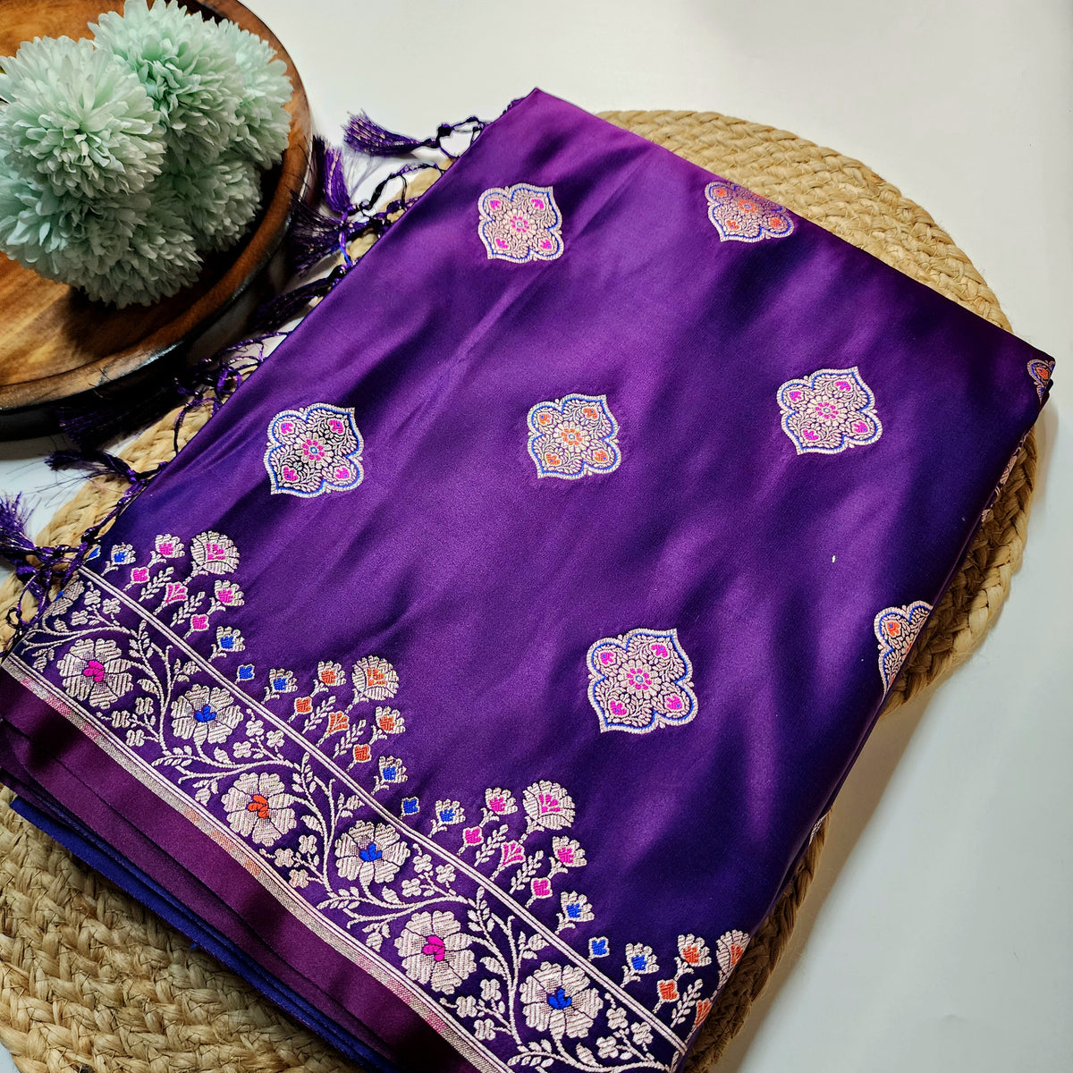 Purple Banarasi Katan Silk Saree with Multicolor Meenakari